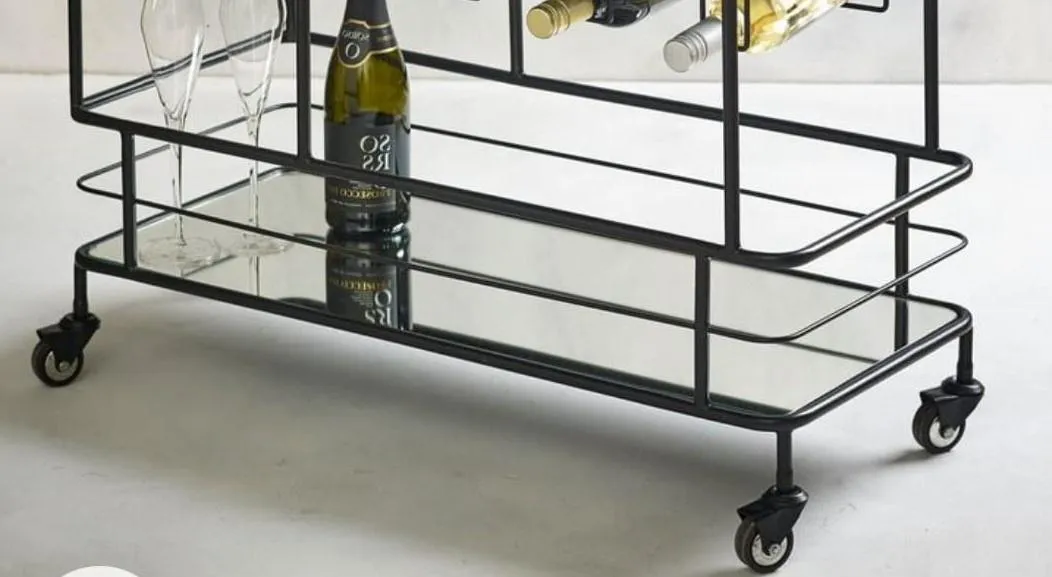 Luxurious Black Iron 3 Tier Rectangle Trolley with Mirror Top - Space Saving Design