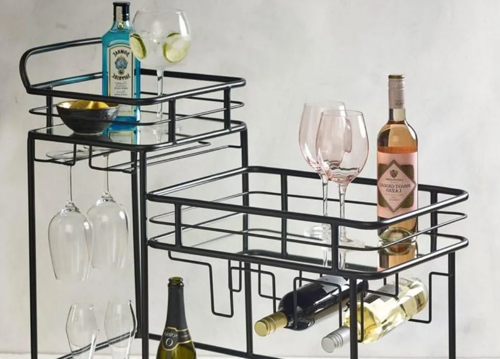 Luxurious Black Iron 3 Tier Rectangle Trolley with Mirror Top - Space Saving Design
