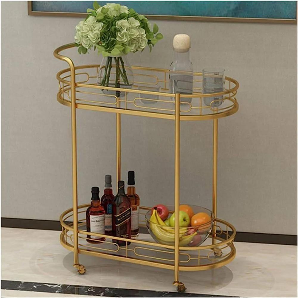 Modern Oval Iron Trolley with Tinted Glass Top - 2 Tier Bar Cart