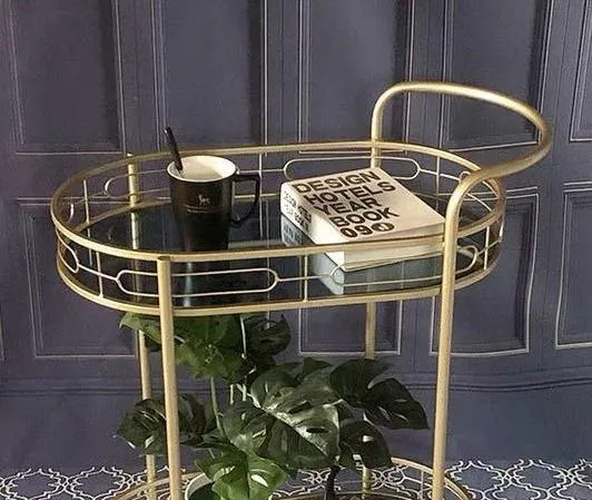 Modern Oval Iron Trolley with Tinted Glass Top - 2 Tier Bar Cart