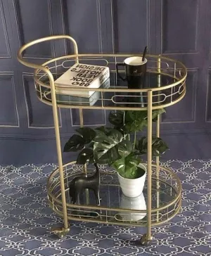Modern Oval Iron Trolley with Tinted Glass Top - 2 Tier Bar Cart