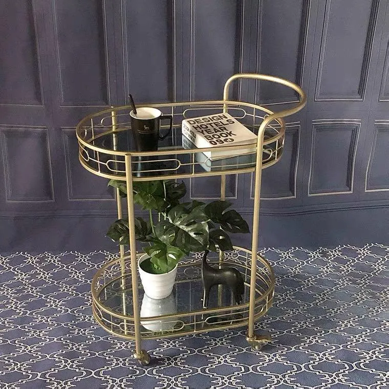 Modern Oval Iron Trolley with Tinted Glass Top - 2 Tier Bar Cart