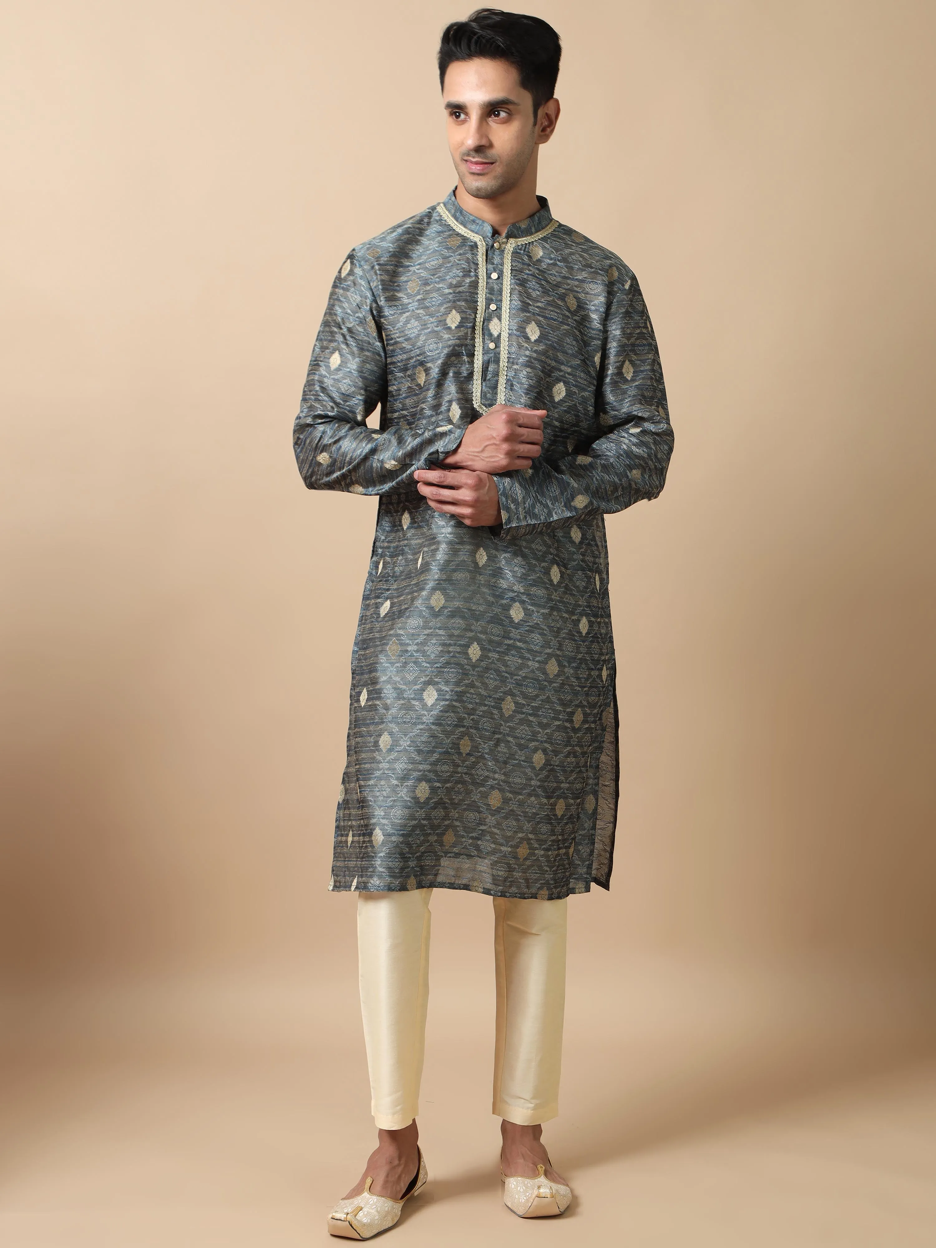 Moon Grey Banarasi Buta Long Kurta