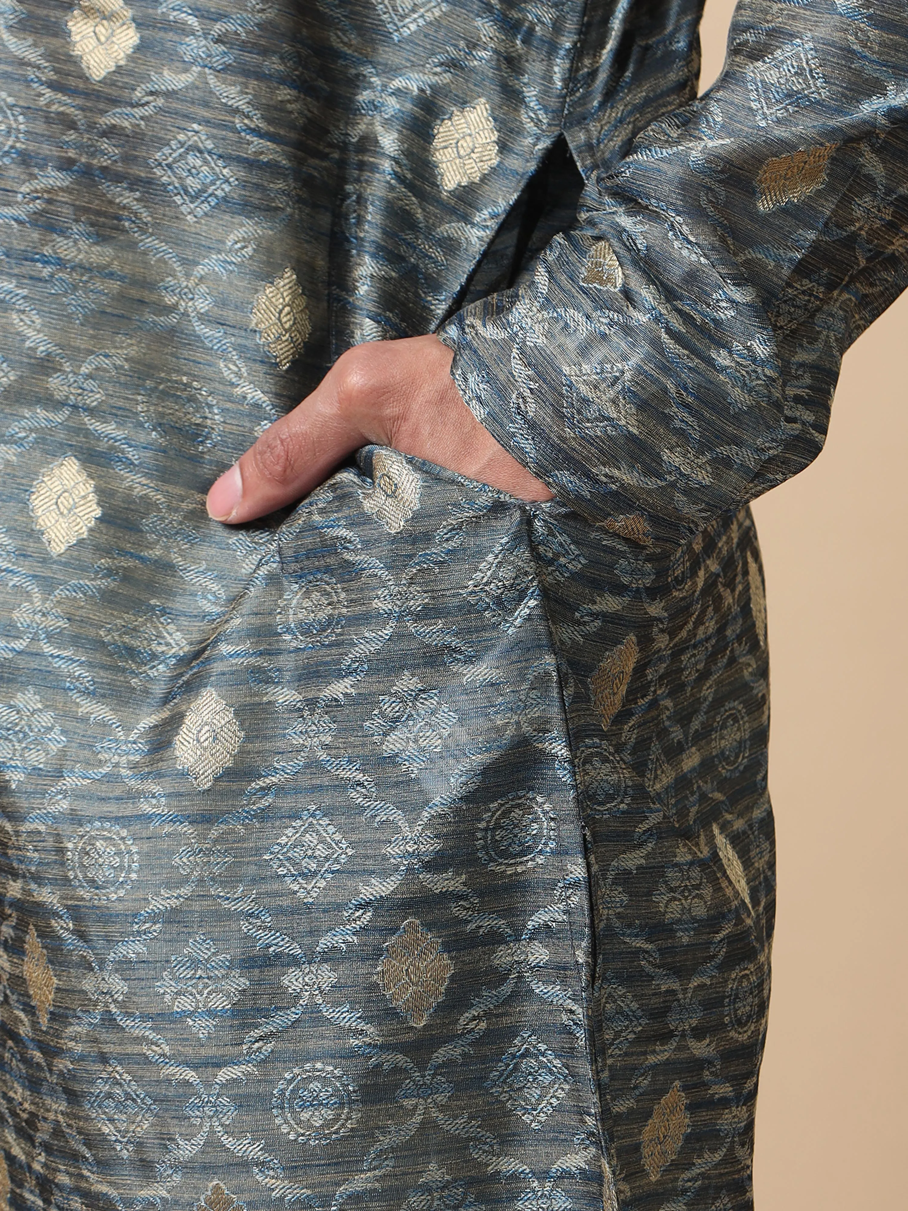 Moon Grey Banarasi Buta Long Kurta