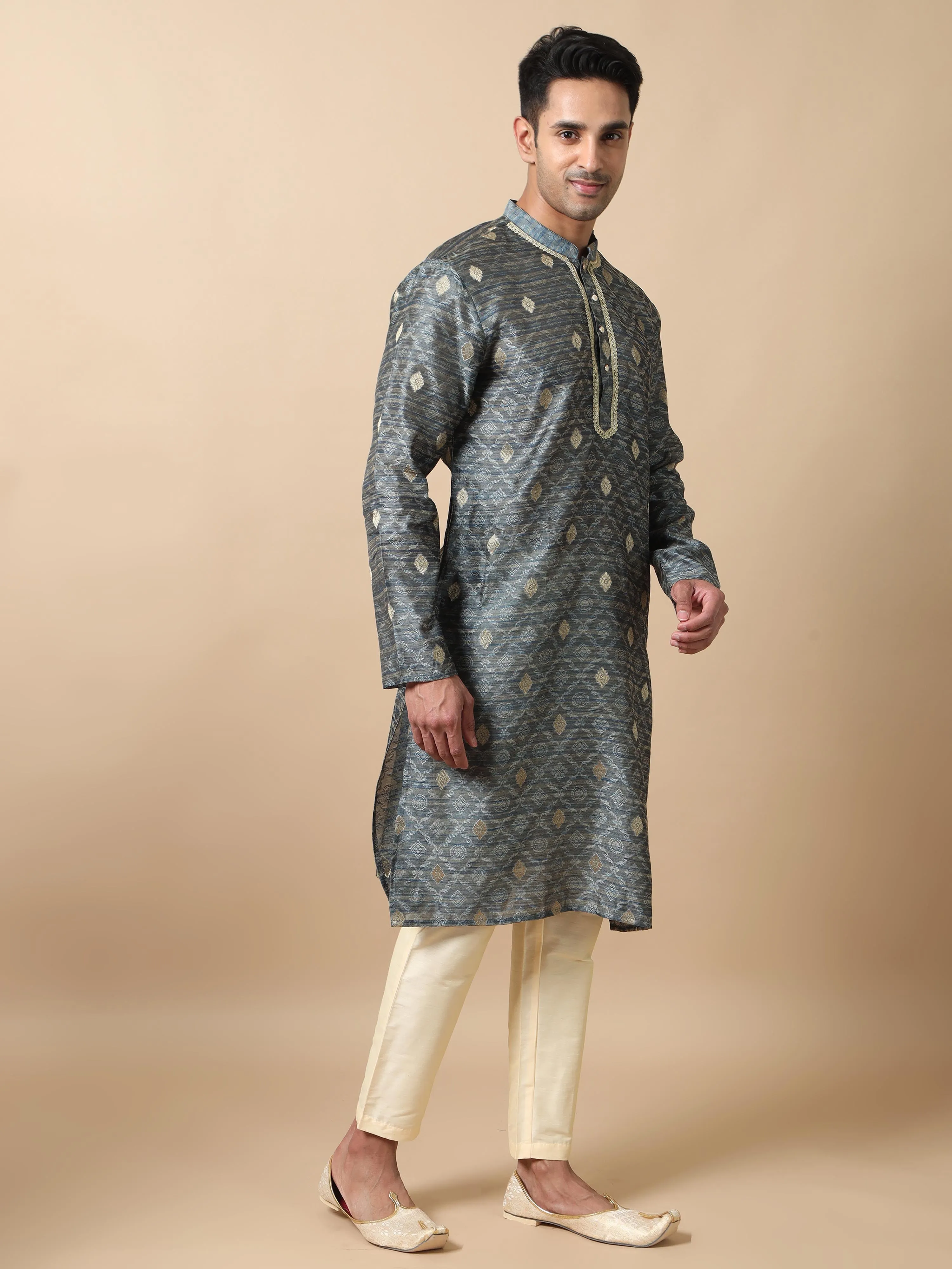 Moon Grey Banarasi Buta Long Kurta