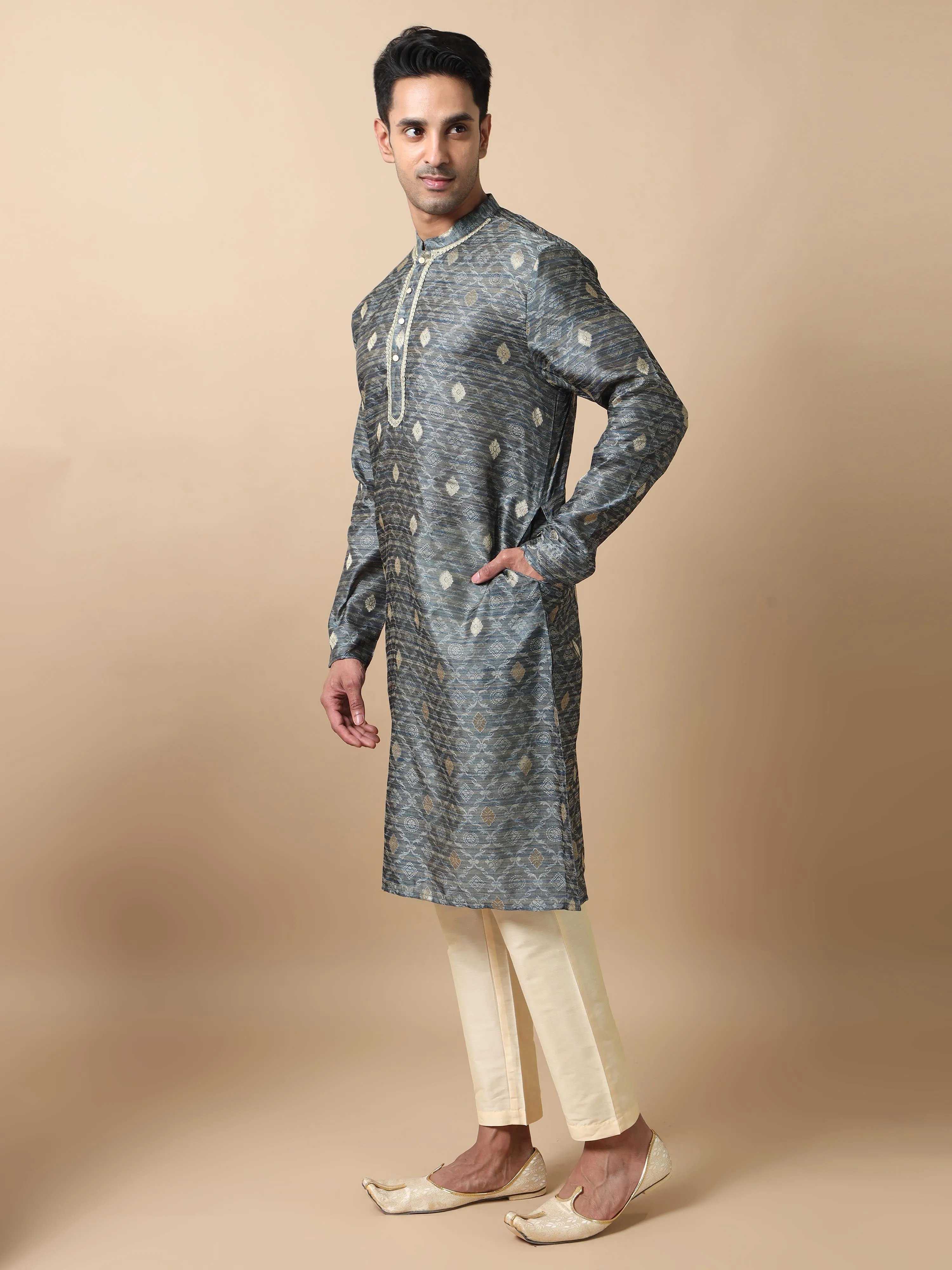 Moon Grey Banarasi Buta Long Kurta
