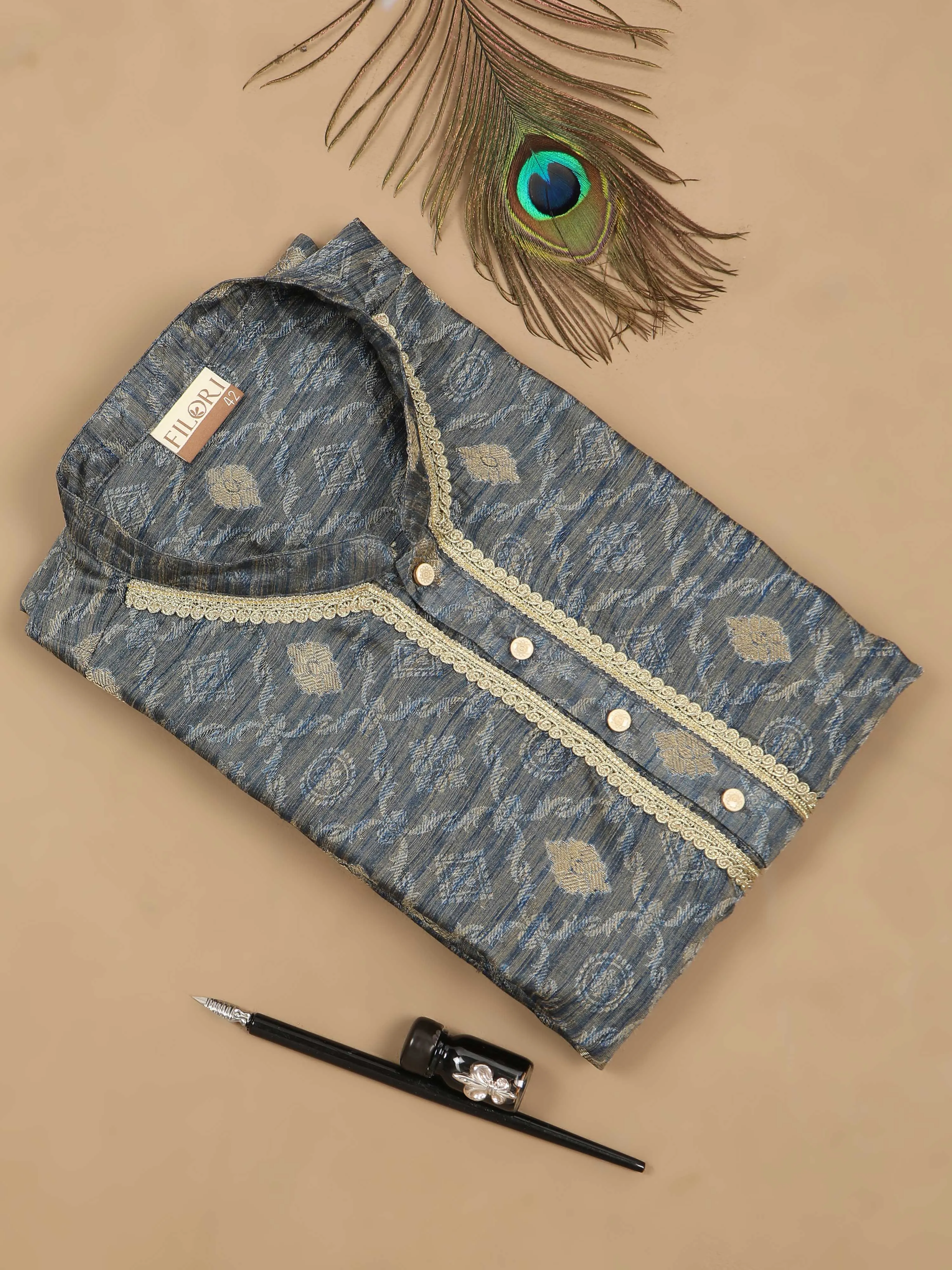 Moon Grey Banarasi Buta Long Kurta