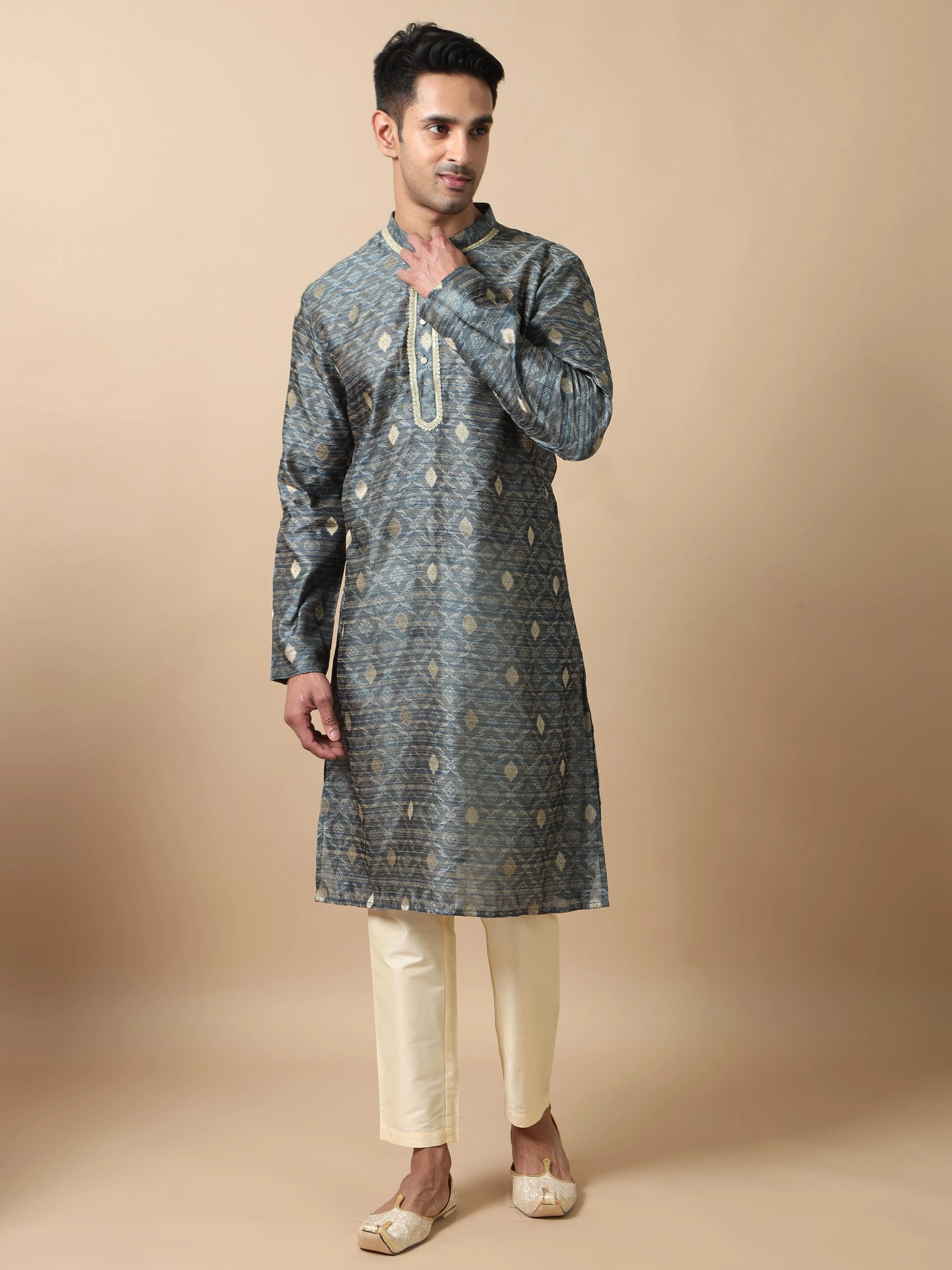 Moon Grey Banarasi Buta Long Kurta