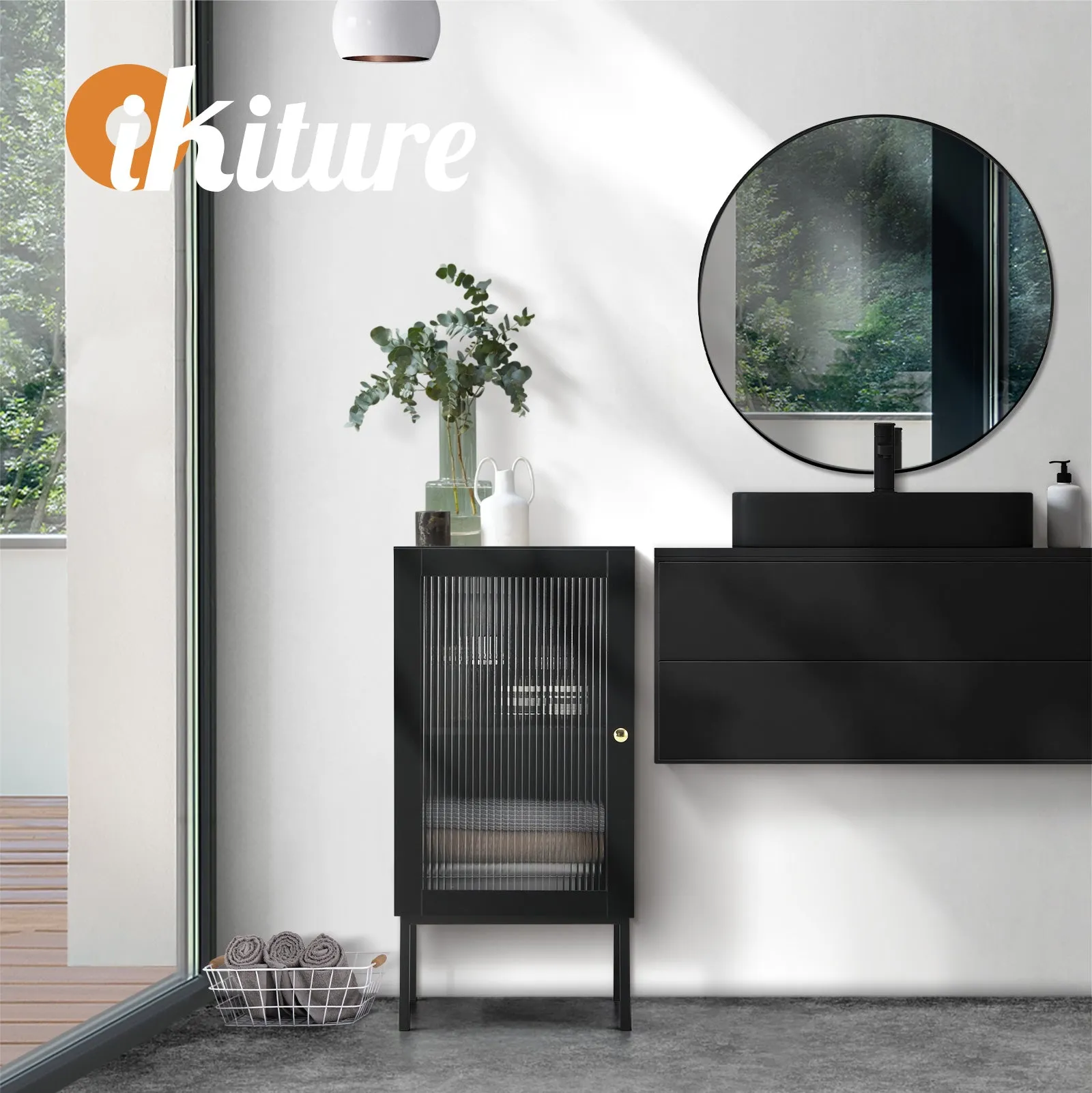 Oikiture Bathroom Cabinet Floor Cupboard Slim Storage Tempered Glass Door Black