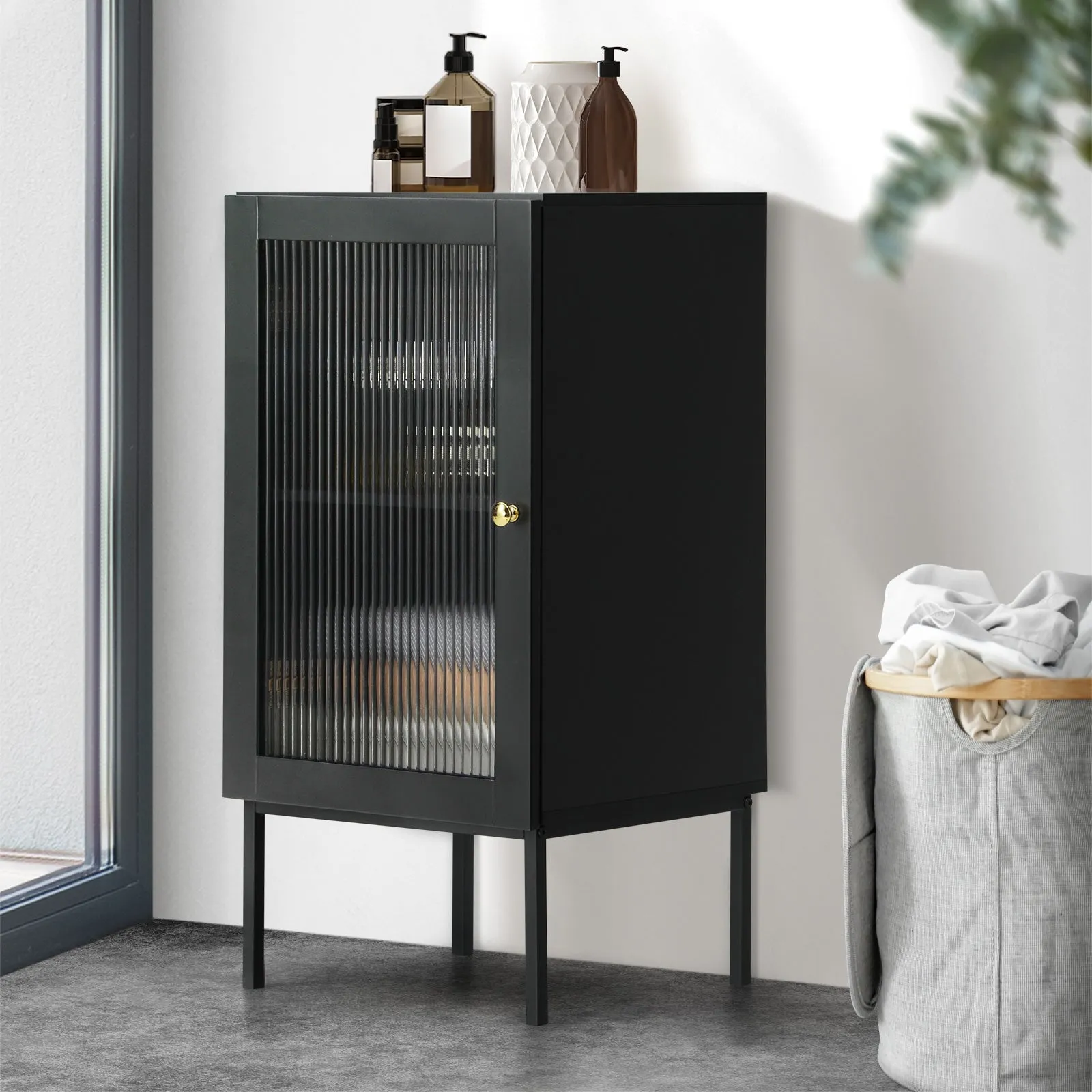 Oikiture Bathroom Cabinet Floor Cupboard Slim Storage Tempered Glass Door Black