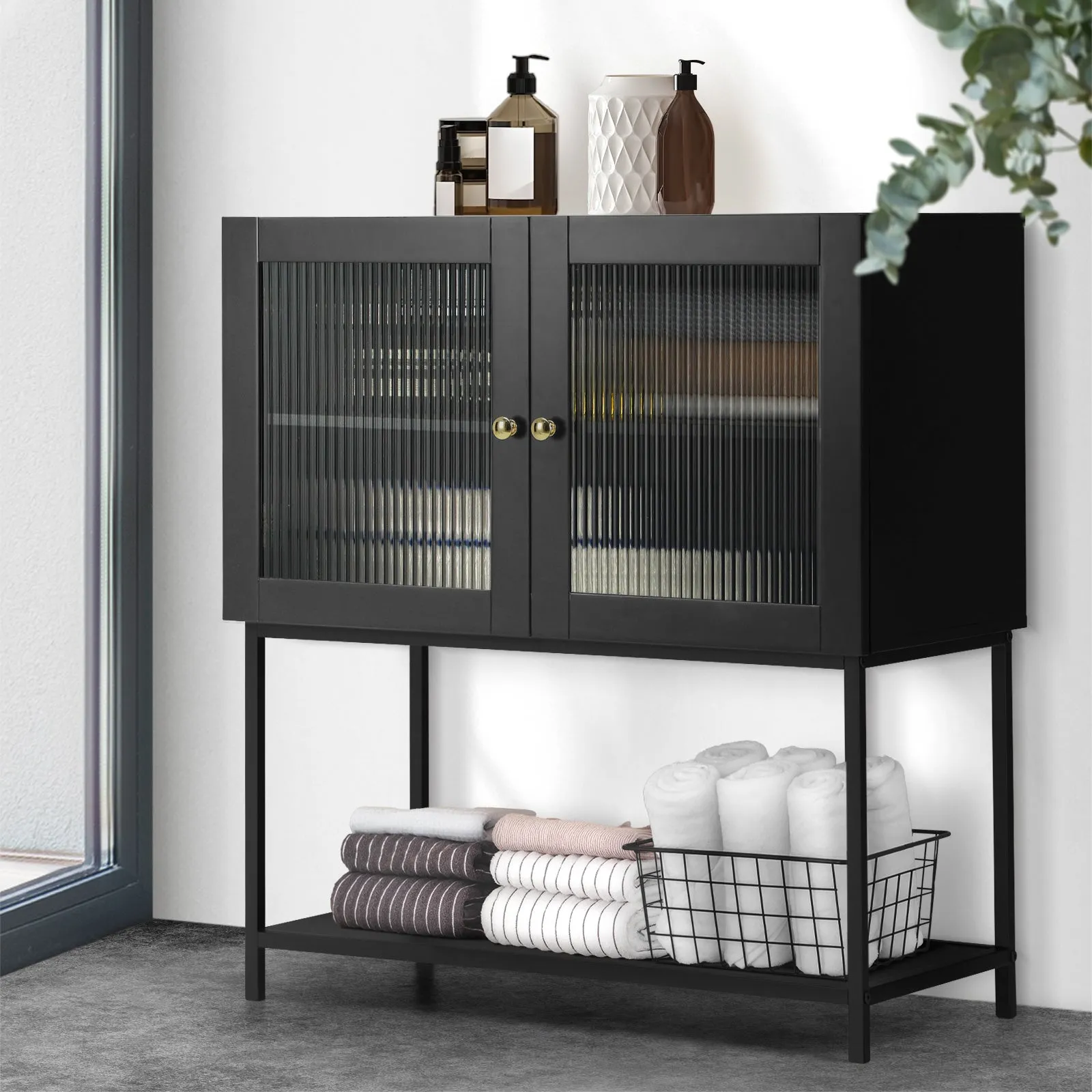 Oikiture Bathroom Cabinet Floor Cupboard Storage Two Tempered Glass Door Black
