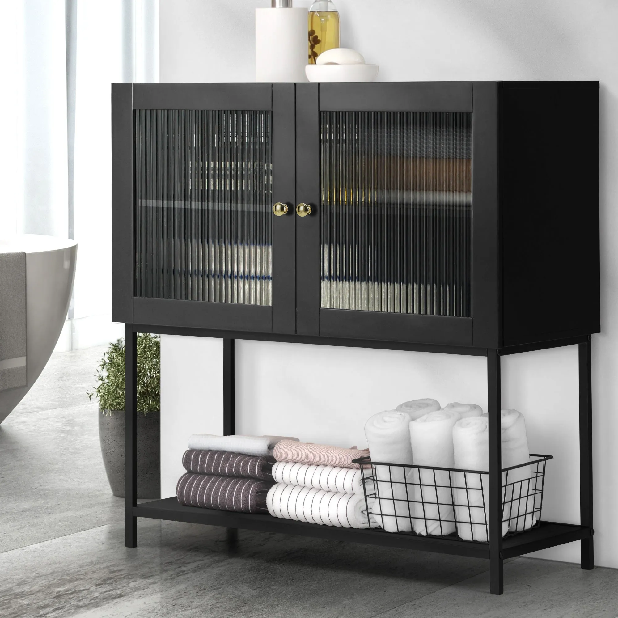 Oikiture Bathroom Cabinet Floor Cupboard Storage Two Tempered Glass Door Black