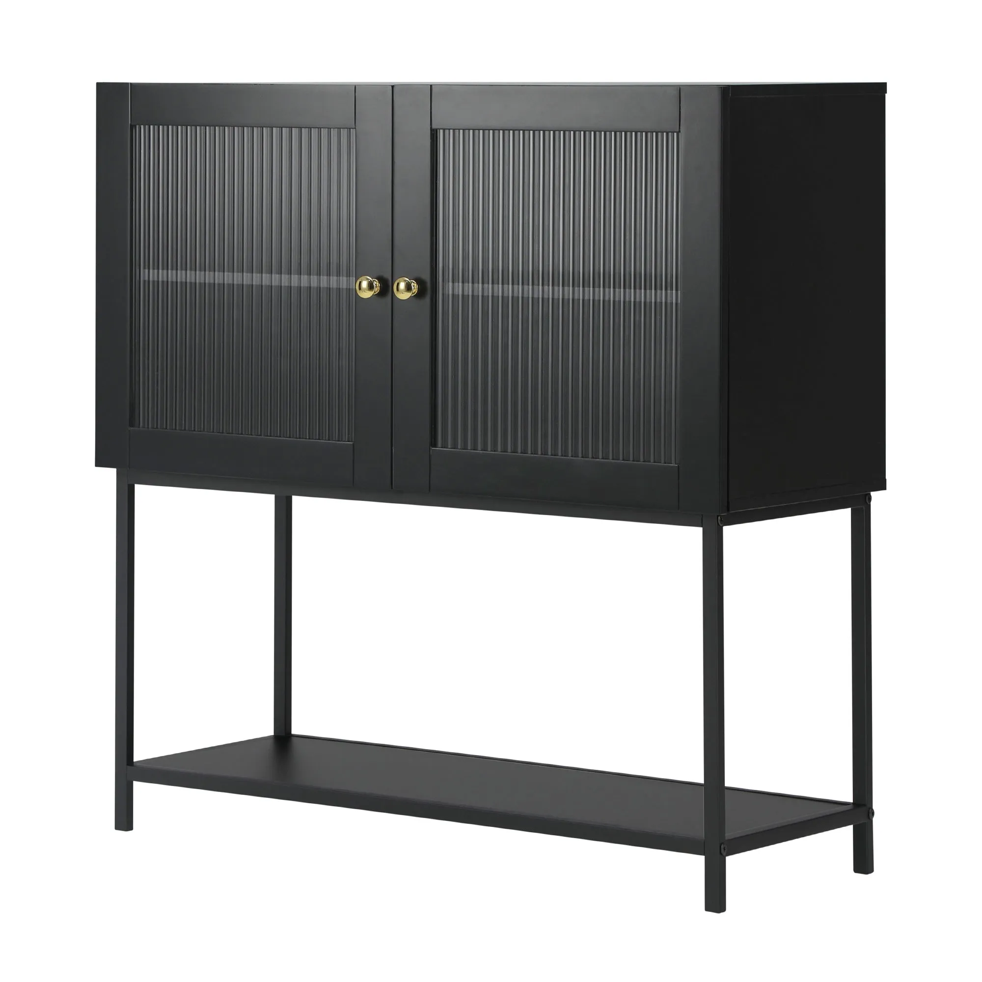 Oikiture Bathroom Cabinet Floor Cupboard Storage Two Tempered Glass Door Black