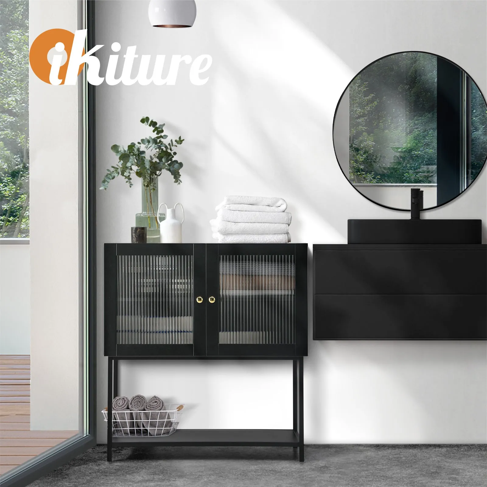 Oikiture Bathroom Cabinet Floor Cupboard Storage Two Tempered Glass Door Black