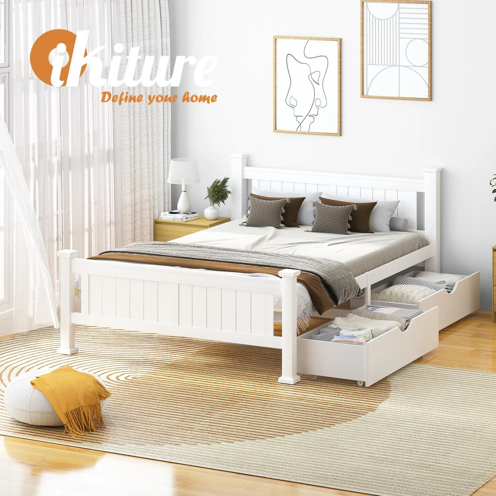Oikiture Wooden Bed Frame Double Size with Storage Drawers Trundles