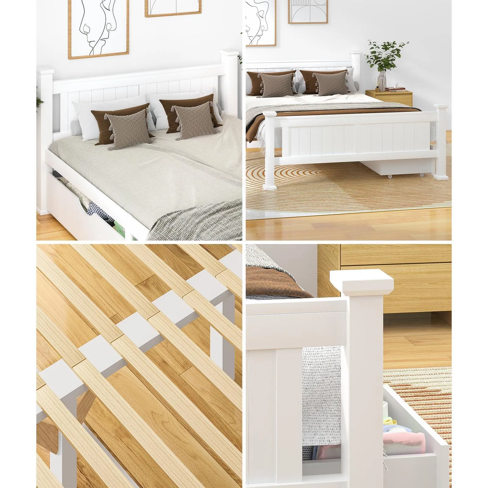 Oikiture Wooden Bed Frame Double Size with Storage Drawers Trundles