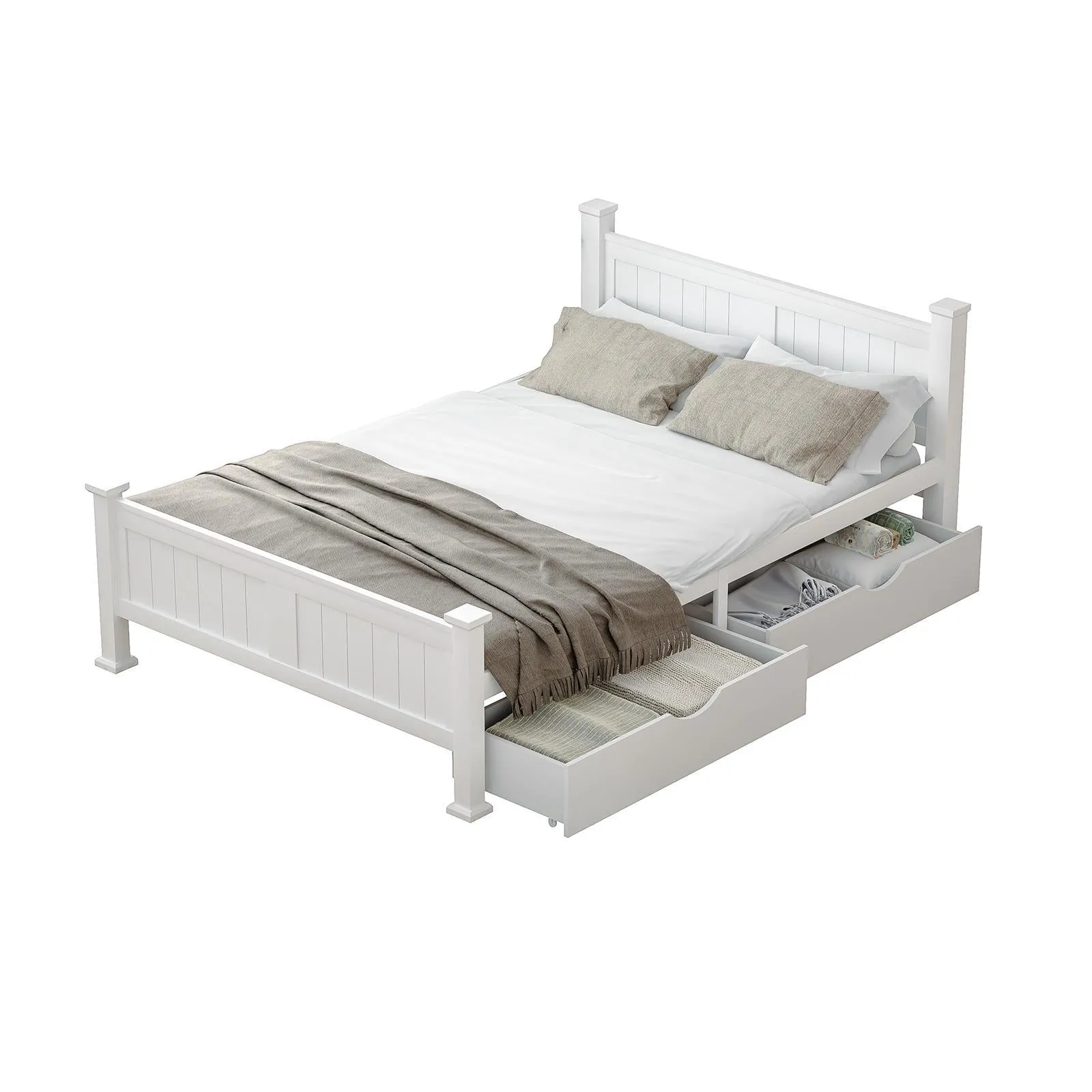Oikiture Wooden Bed Frame Double Size with Storage Drawers Trundles