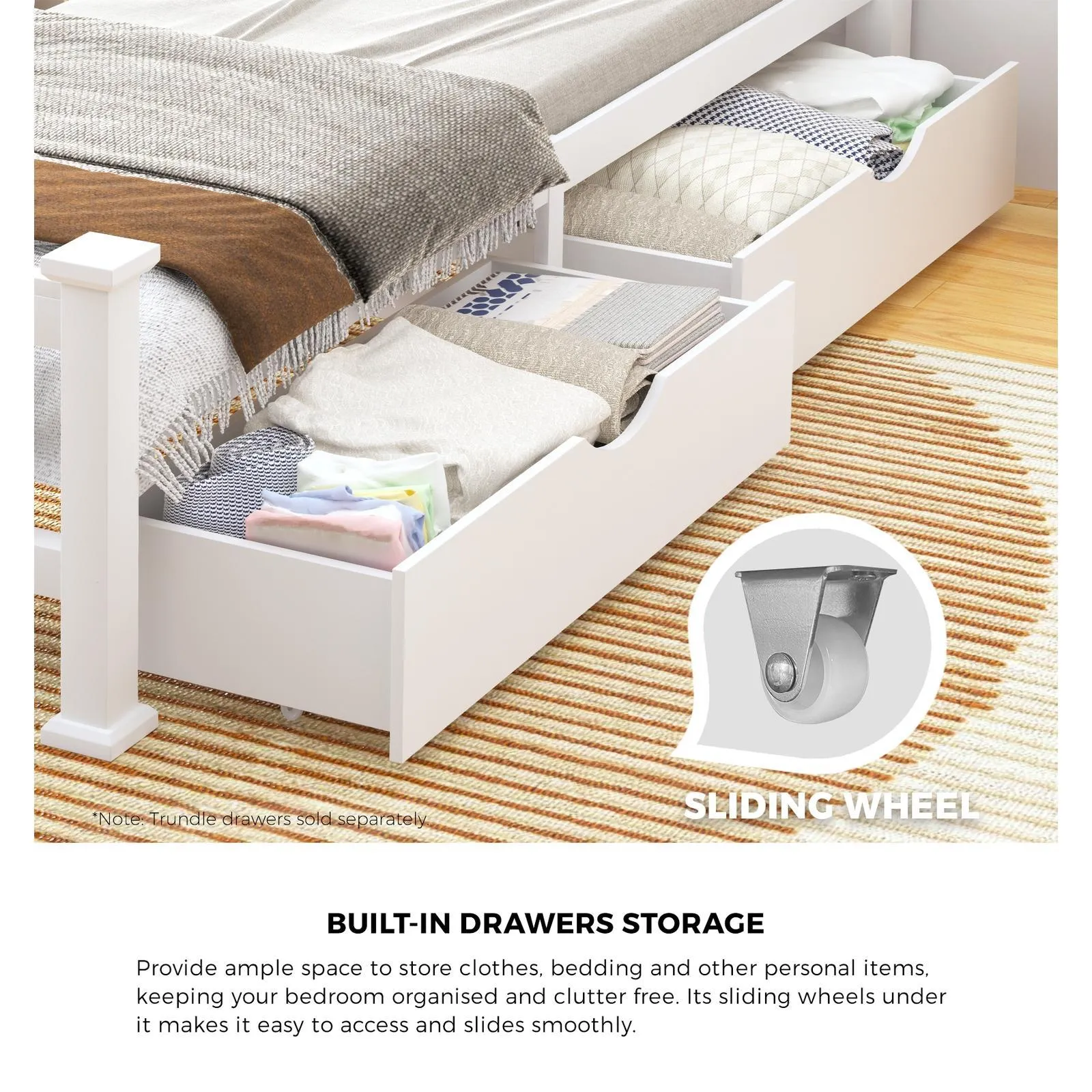 Oikiture Wooden Bed Frame Double Size with Storage Drawers Trundles