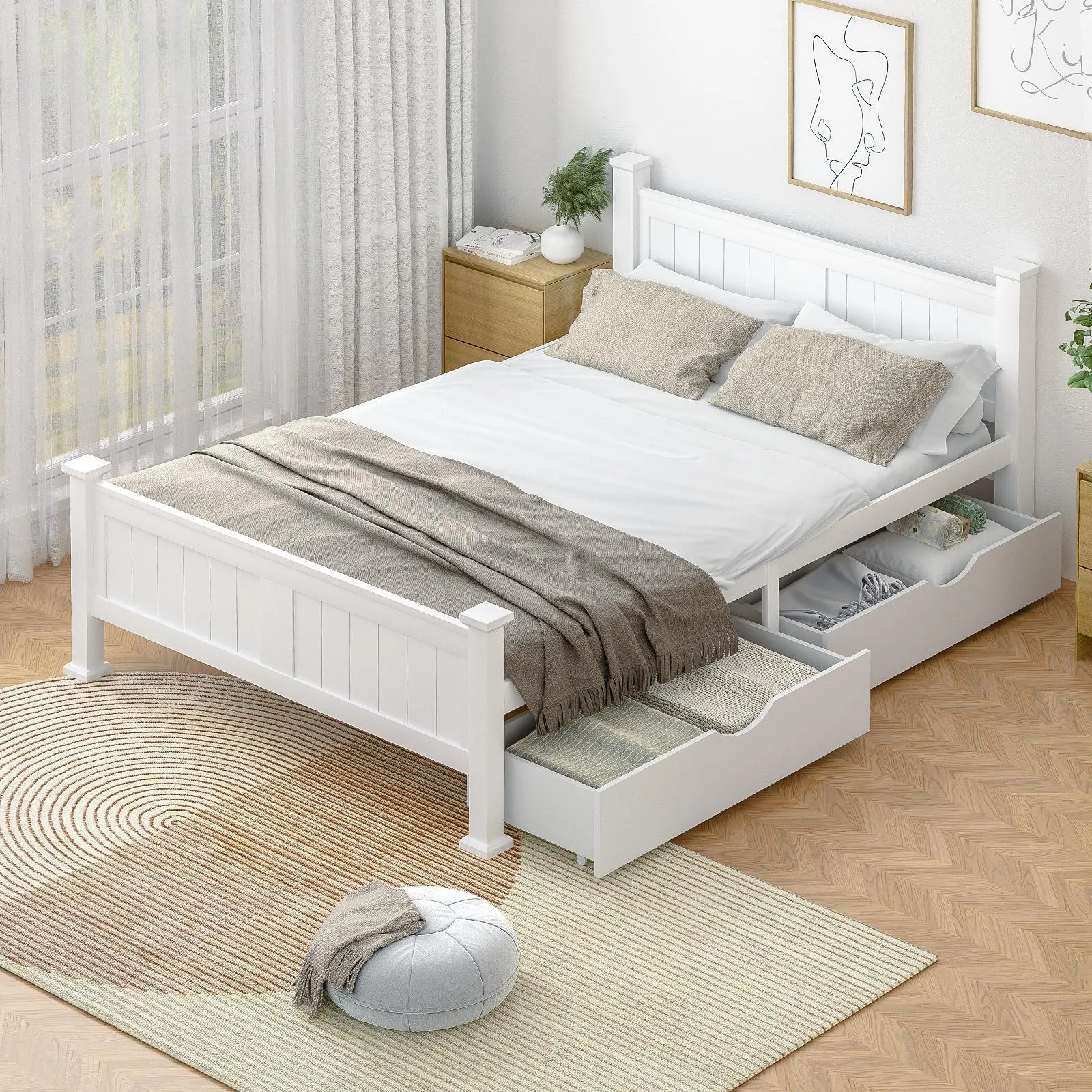 Oikiture Wooden Bed Frame Double Size with Storage Drawers Trundles