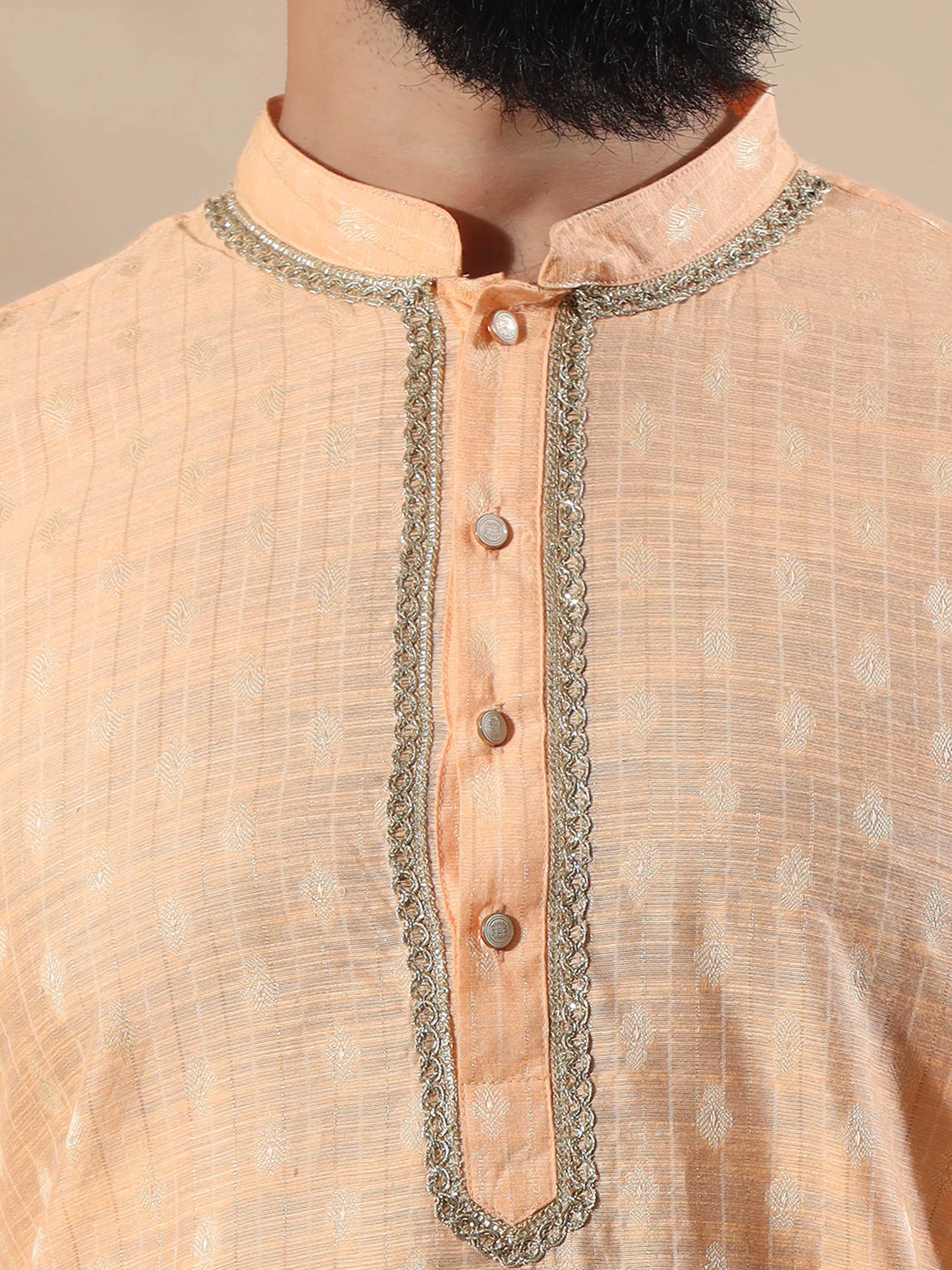 Peach Banarasi Chanderi Buta Long Kurta