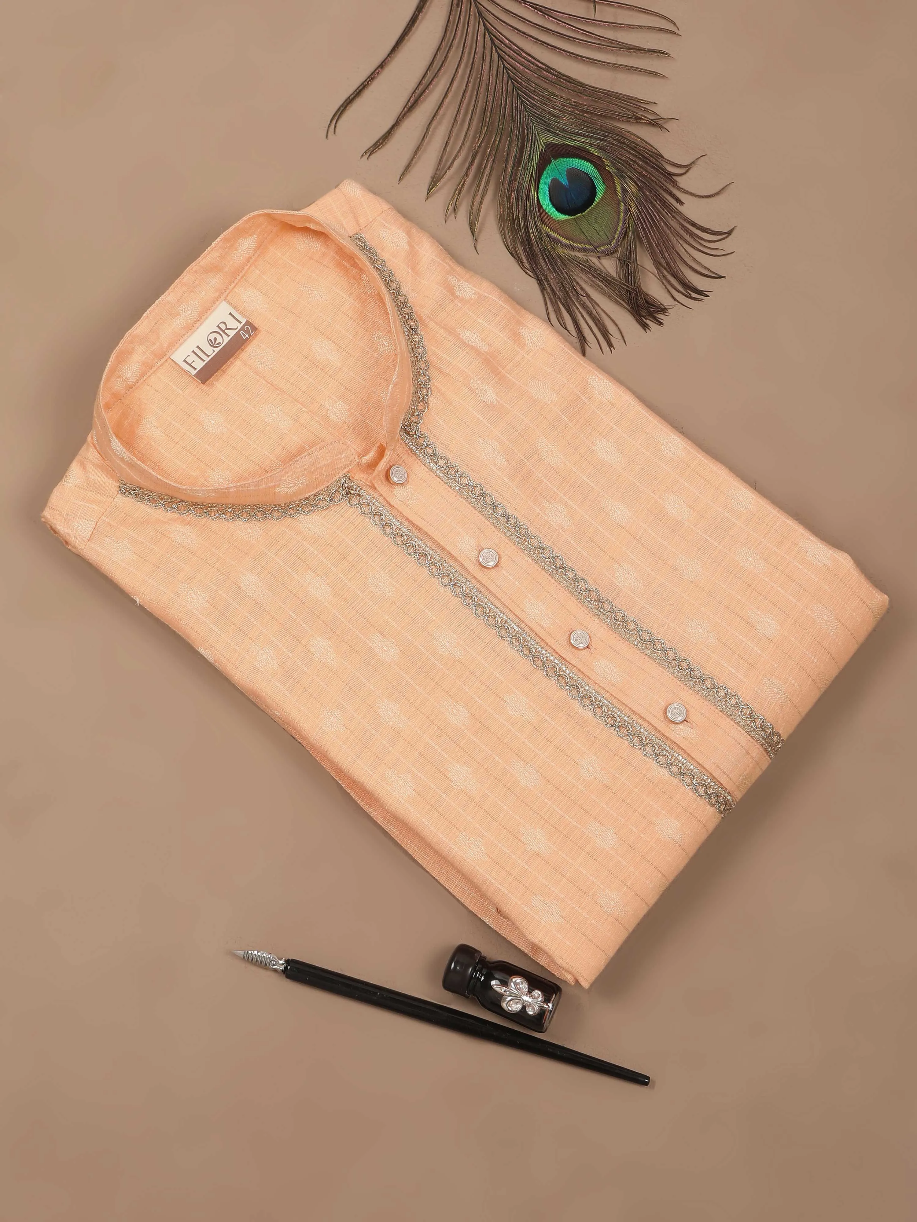 Peach Banarasi Chanderi Buta Long Kurta