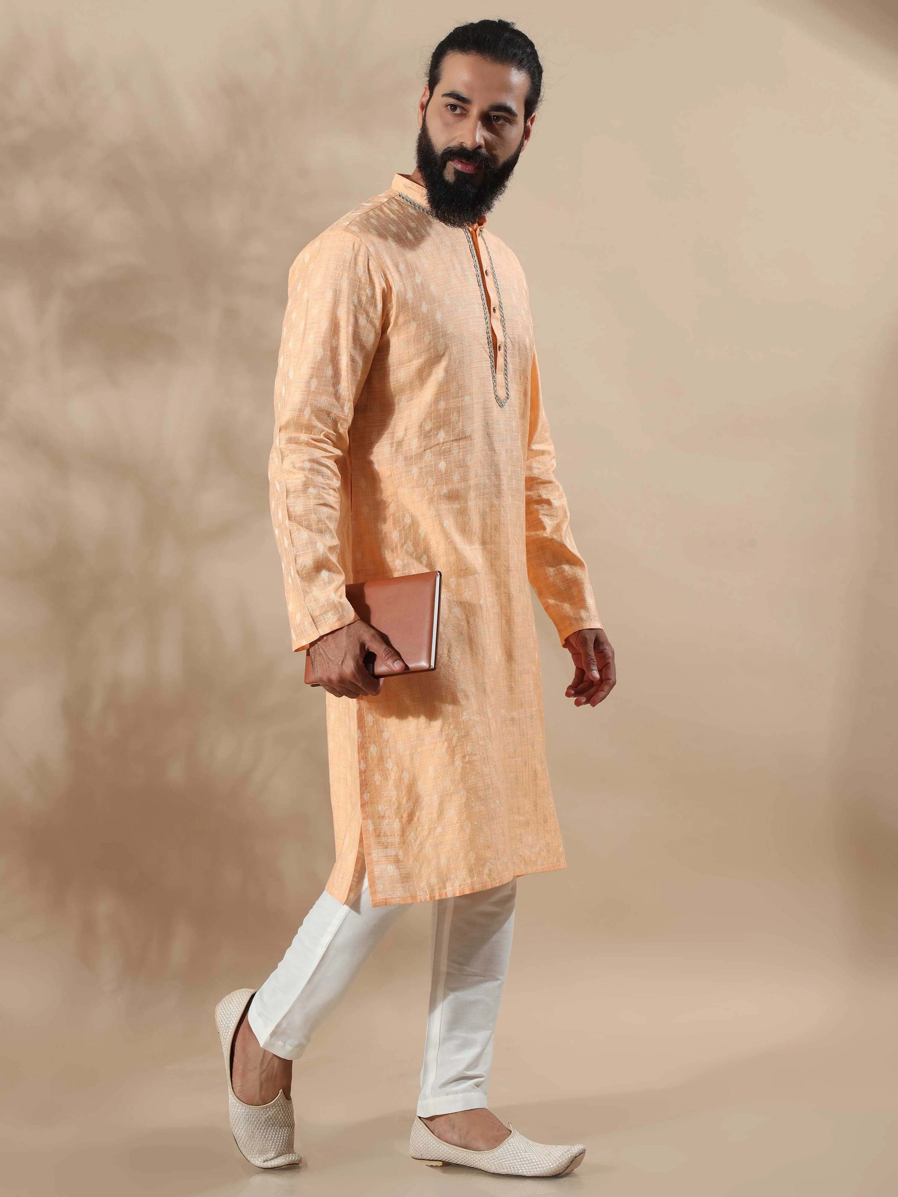 Peach Banarasi Chanderi Buta Long Kurta