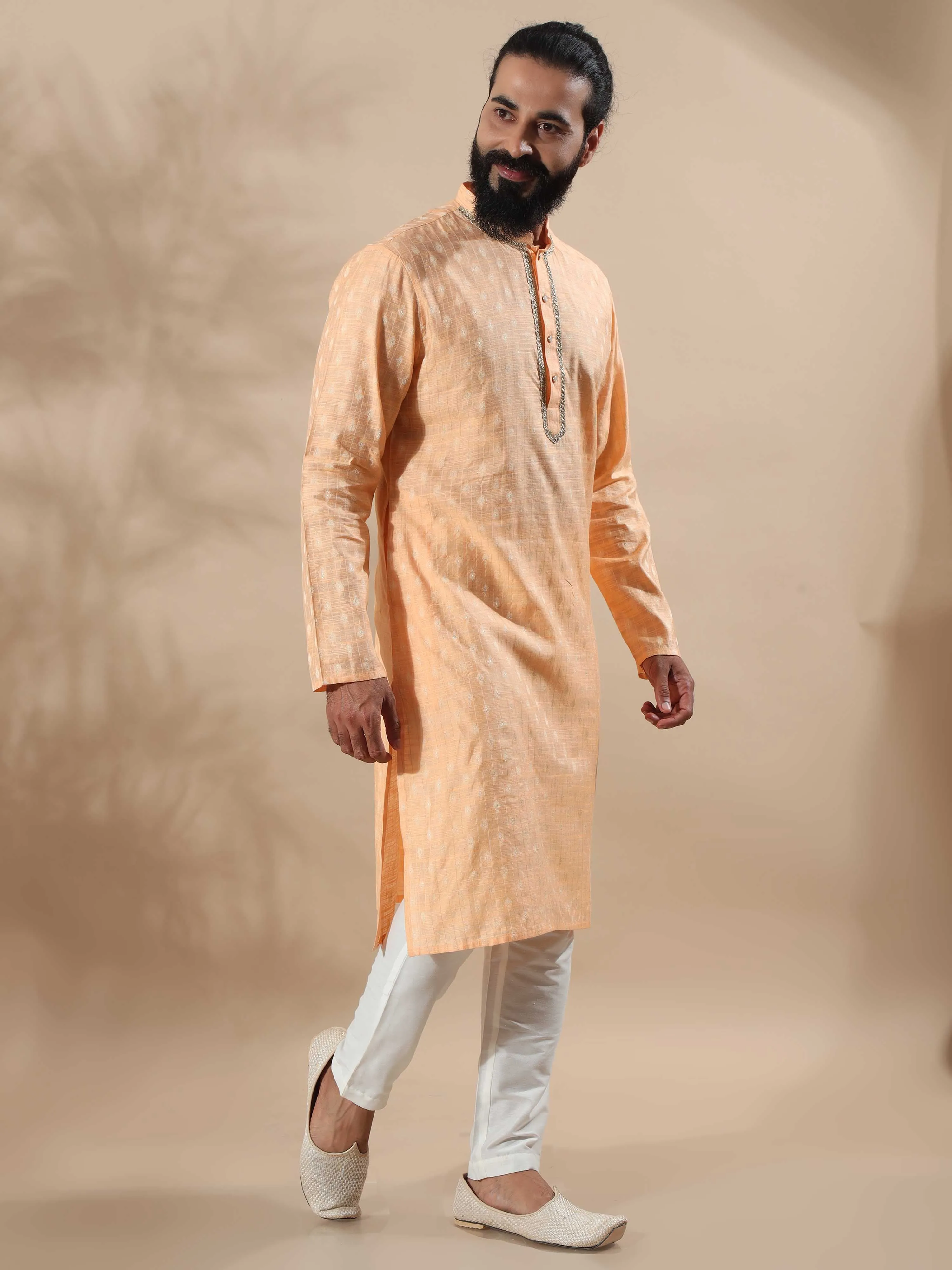 Peach Banarasi Chanderi Buta Long Kurta
