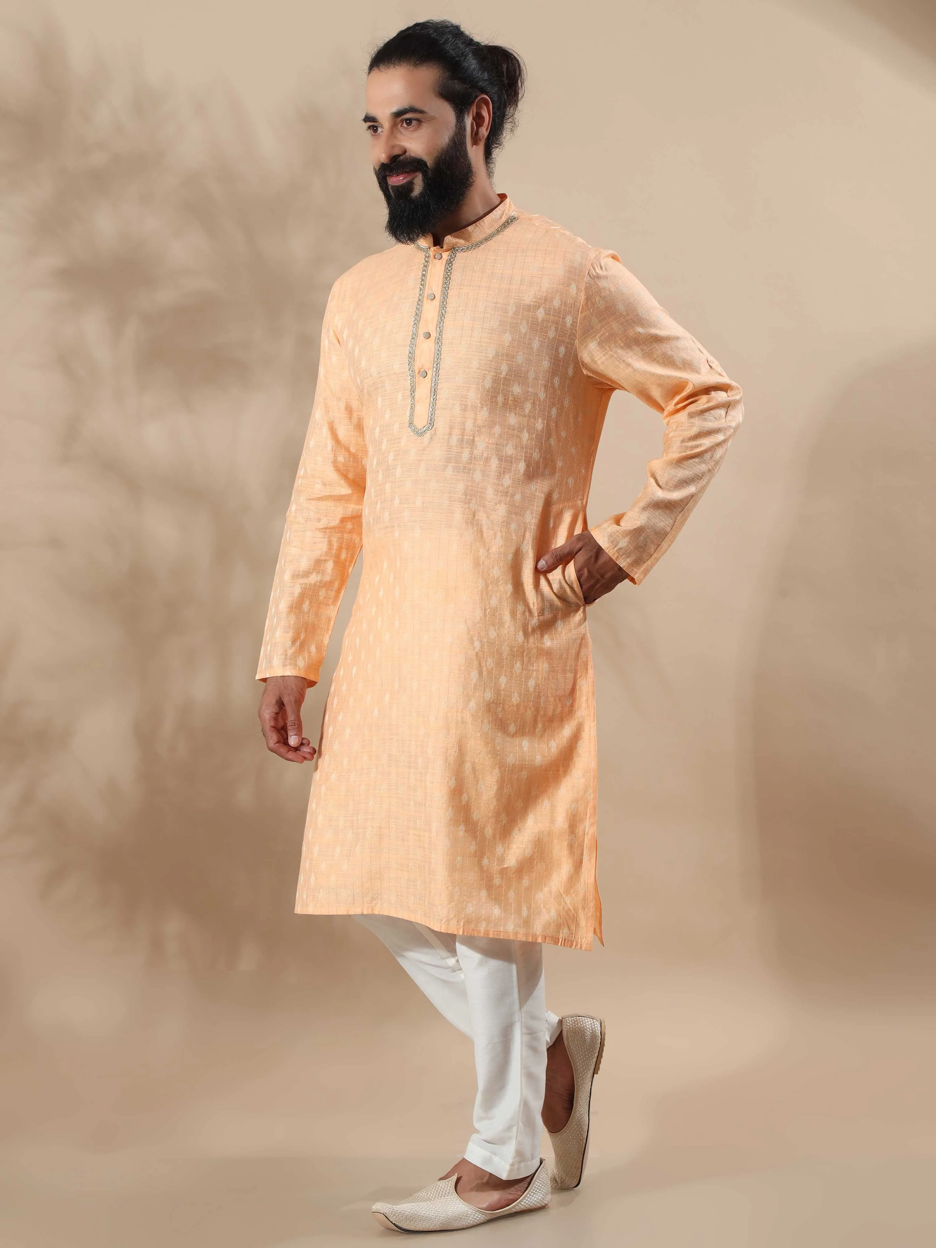 Peach Banarasi Chanderi Buta Long Kurta