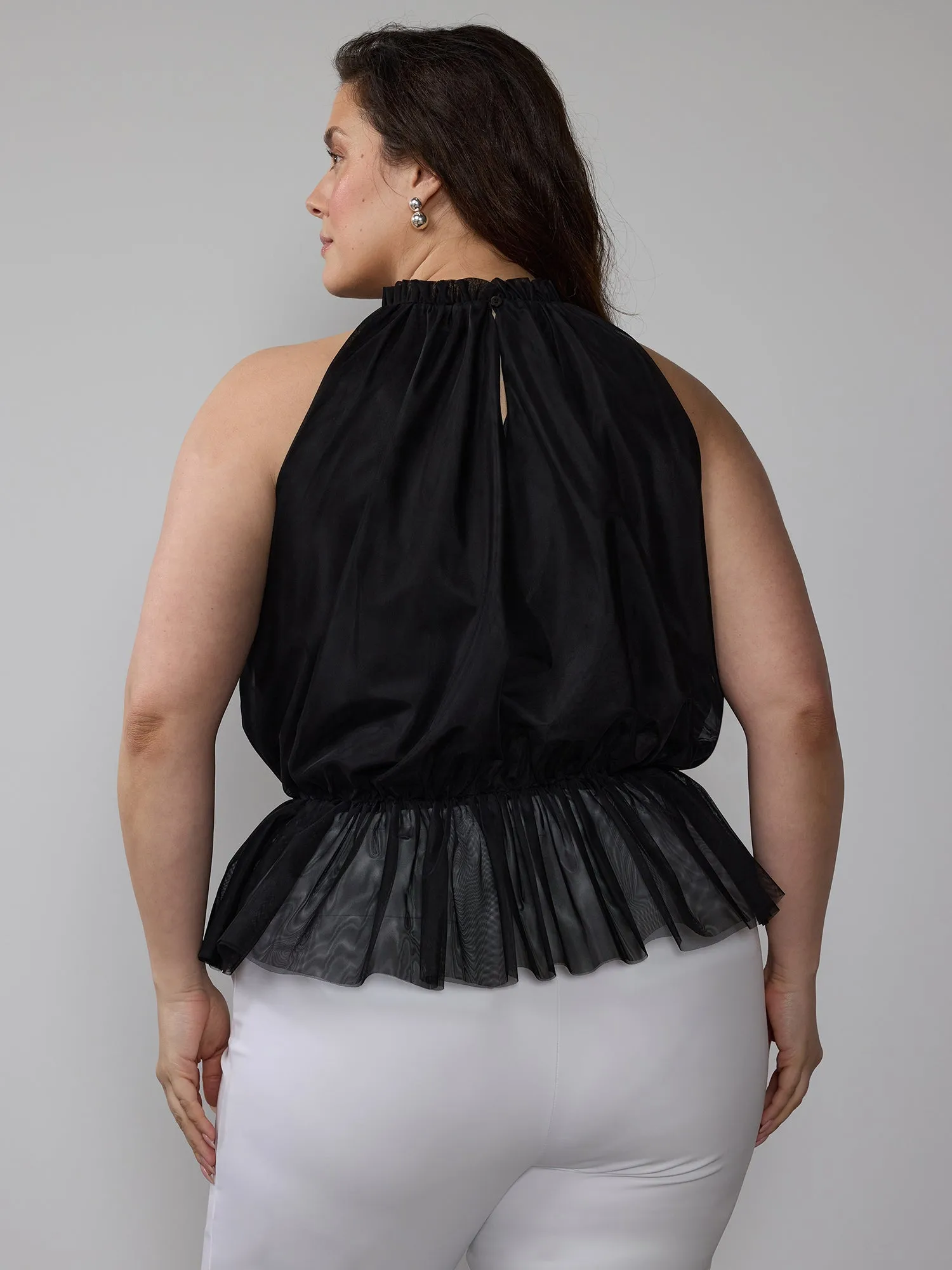 Plus Sleeveless Halter Neck Tulle Peplum Top