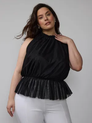 Plus Sleeveless Halter Neck Tulle Peplum Top