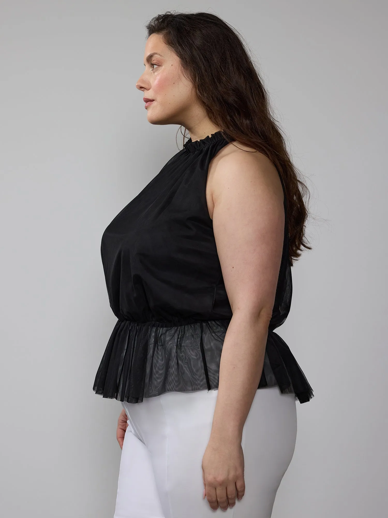 Plus Sleeveless Halter Neck Tulle Peplum Top