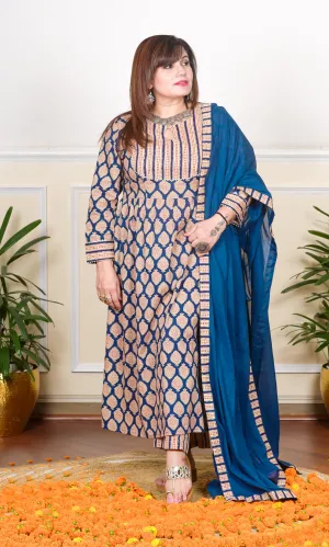 PREMIUM BLUE FLORAL PRINTED KURTA SET FOR WOMEN