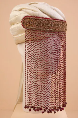 Red Embroidered Sehra With Glass Drop Beads