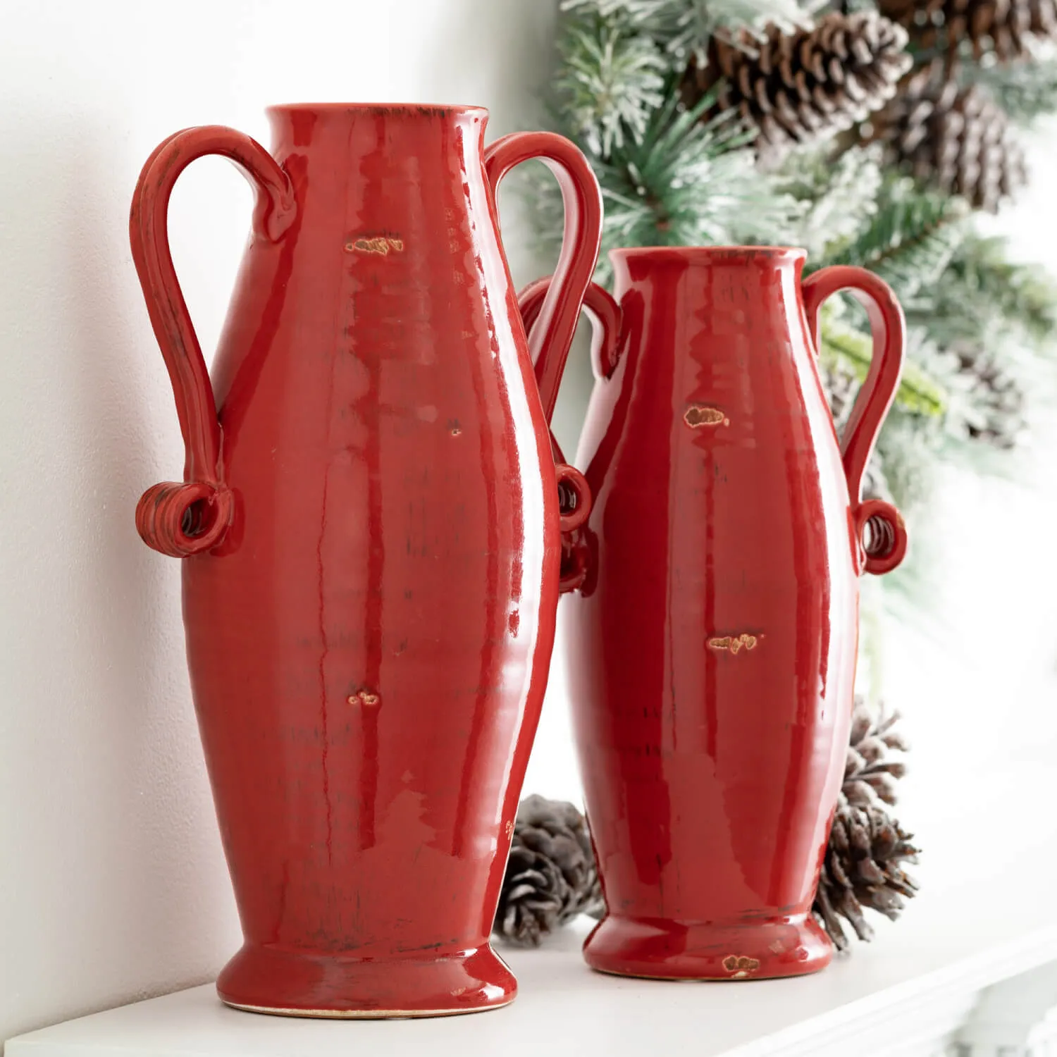 Red Glazed Handled Urn Set