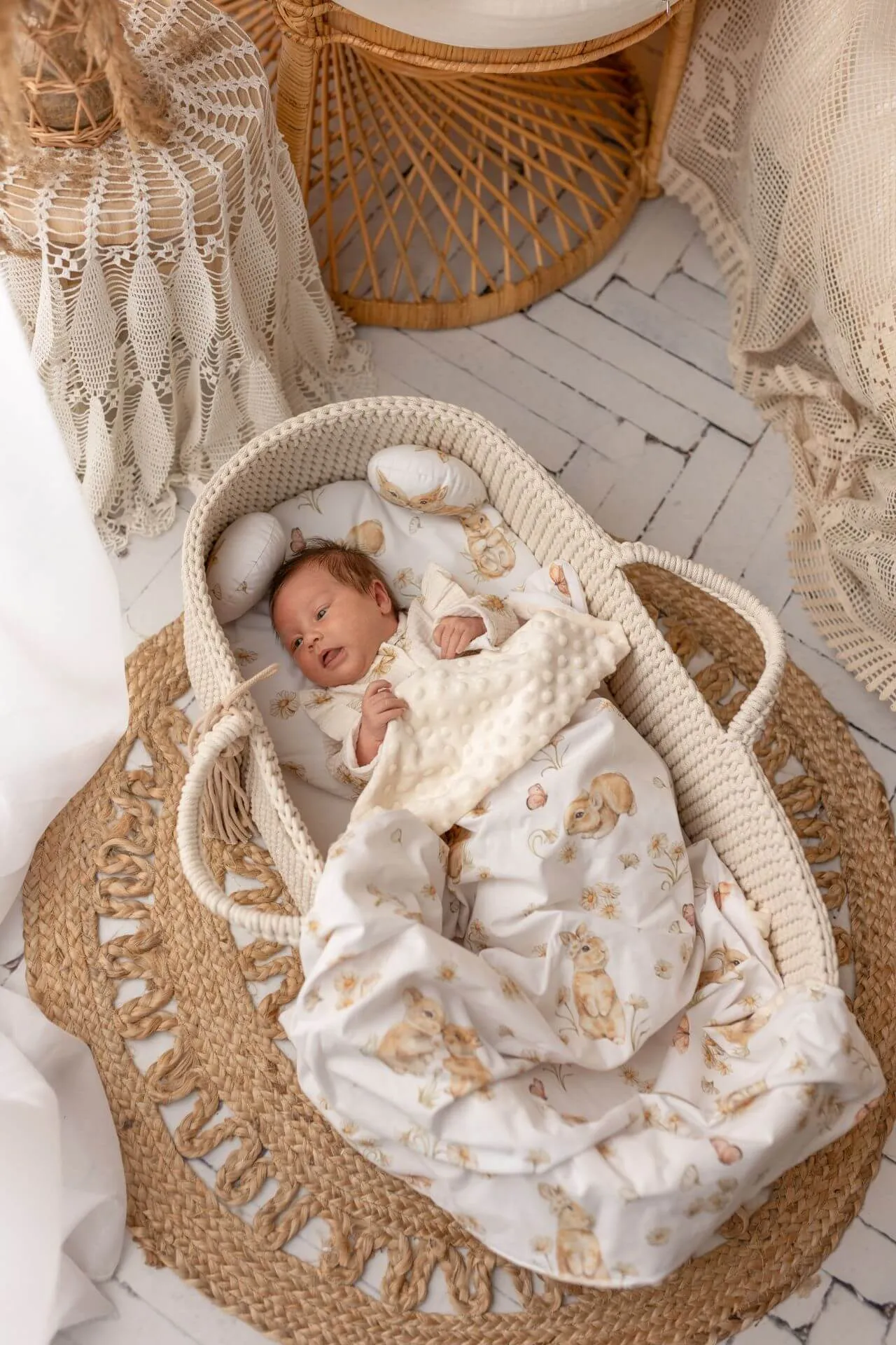 Soft Baby Blanket - Cotton & Minky - Bunnies in Daisies