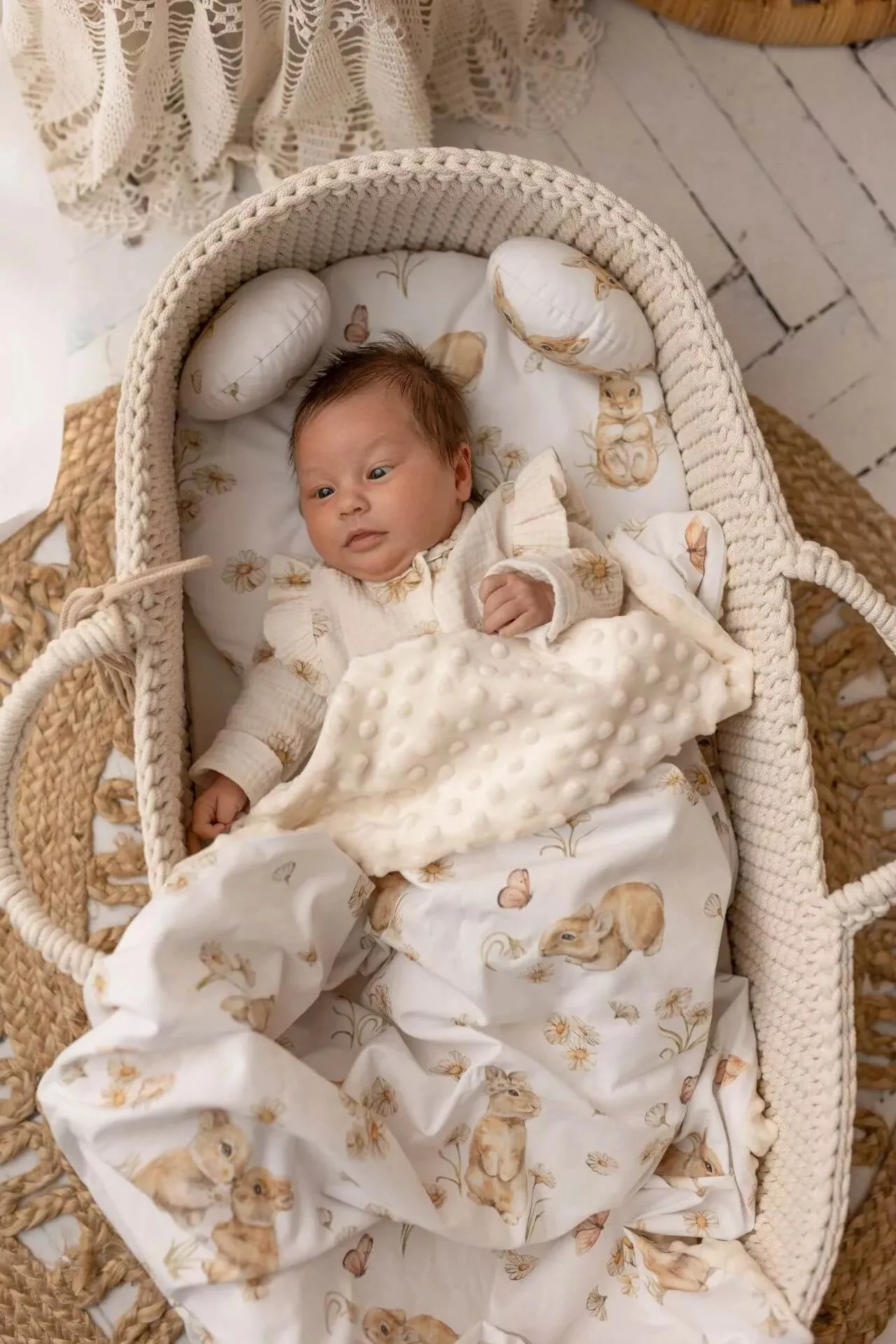 Soft Baby Blanket - Cotton & Minky - Bunnies in Daisies