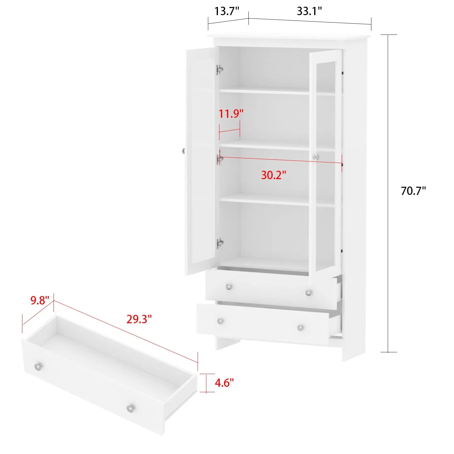 Tall Storage Cabinet with 4-Tier Shelves and 2 Drawers