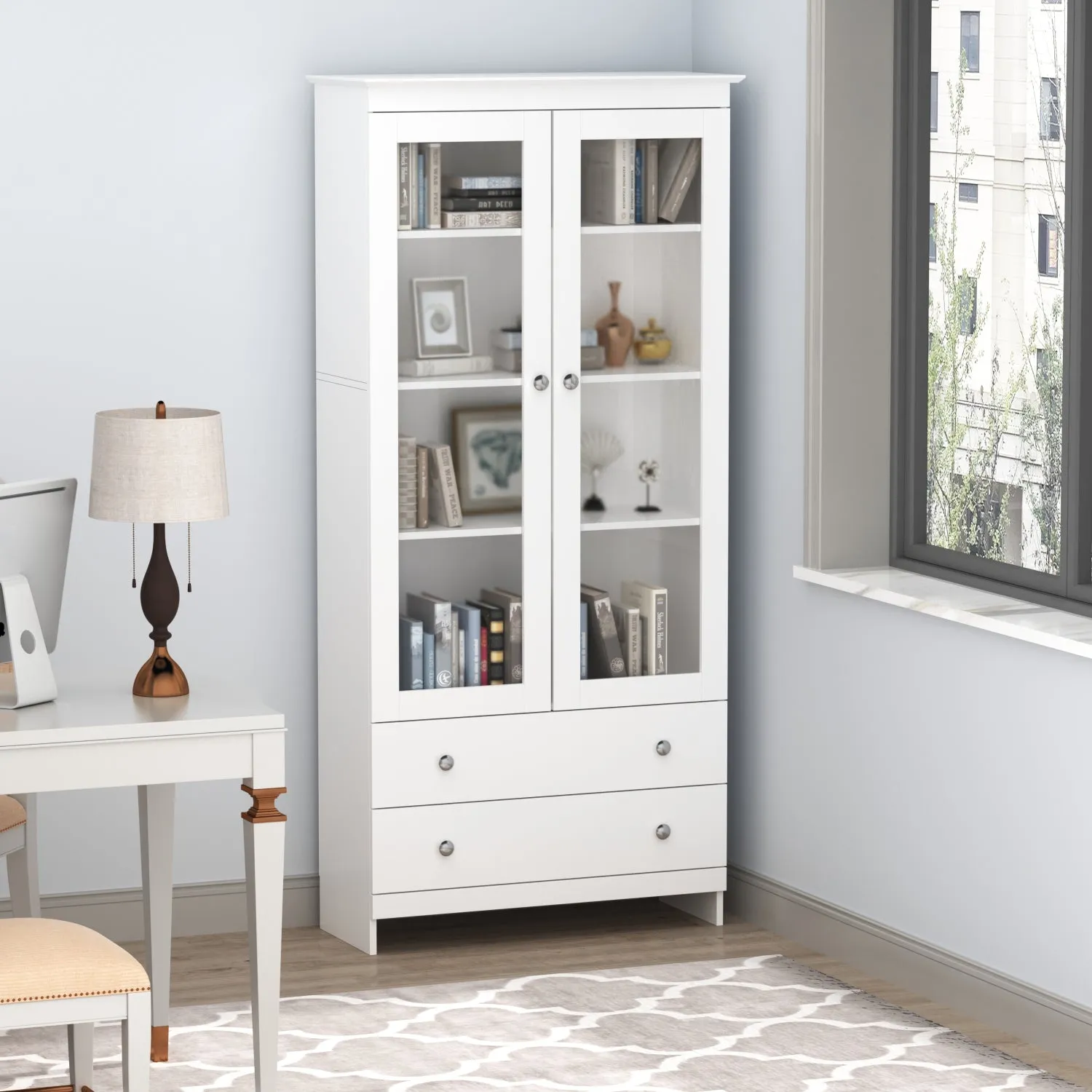Tall Storage Cabinet with 4-Tier Shelves and 2 Drawers
