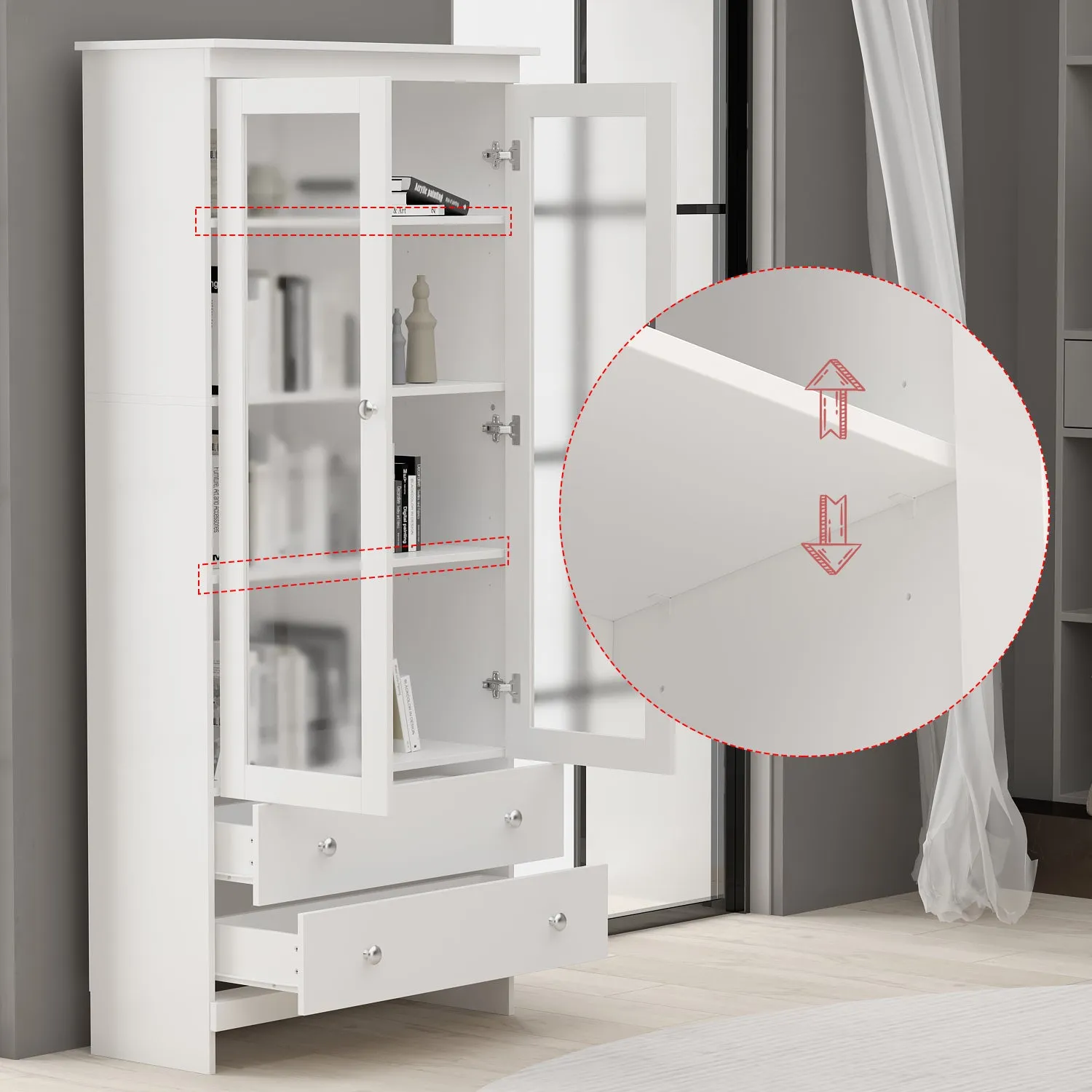 Tall Storage Cabinet with 4-Tier Shelves and 2 Drawers