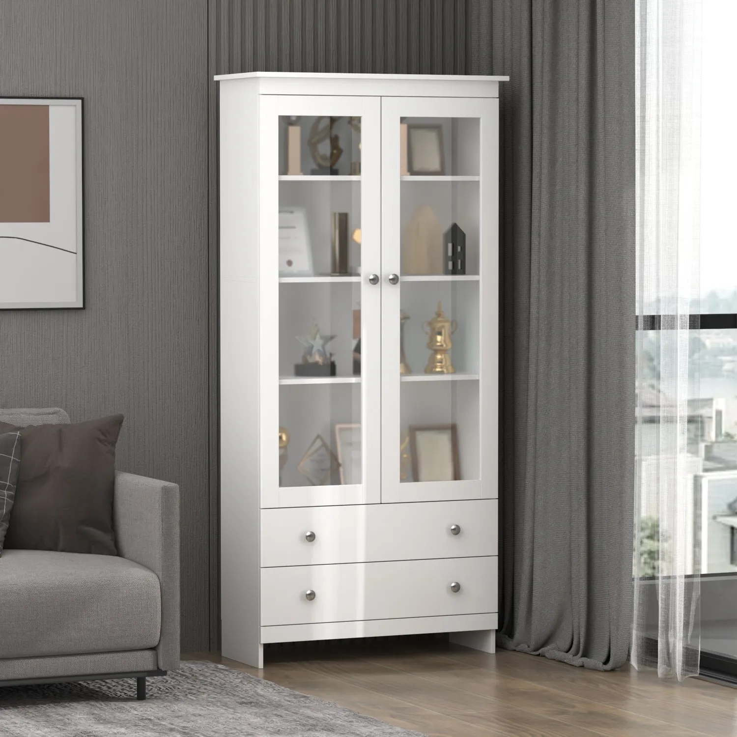 Tall Storage Cabinet with 4-Tier Shelves and 2 Drawers