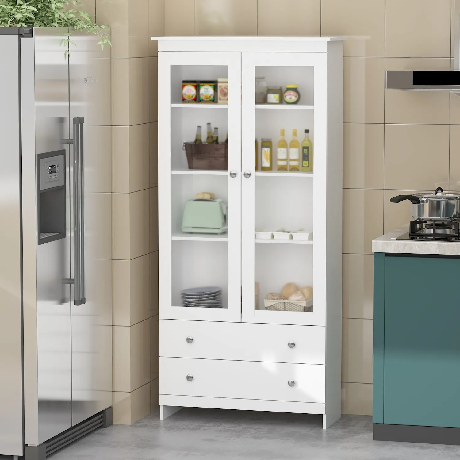 Tall Storage Cabinet with 4-Tier Shelves and 2 Drawers