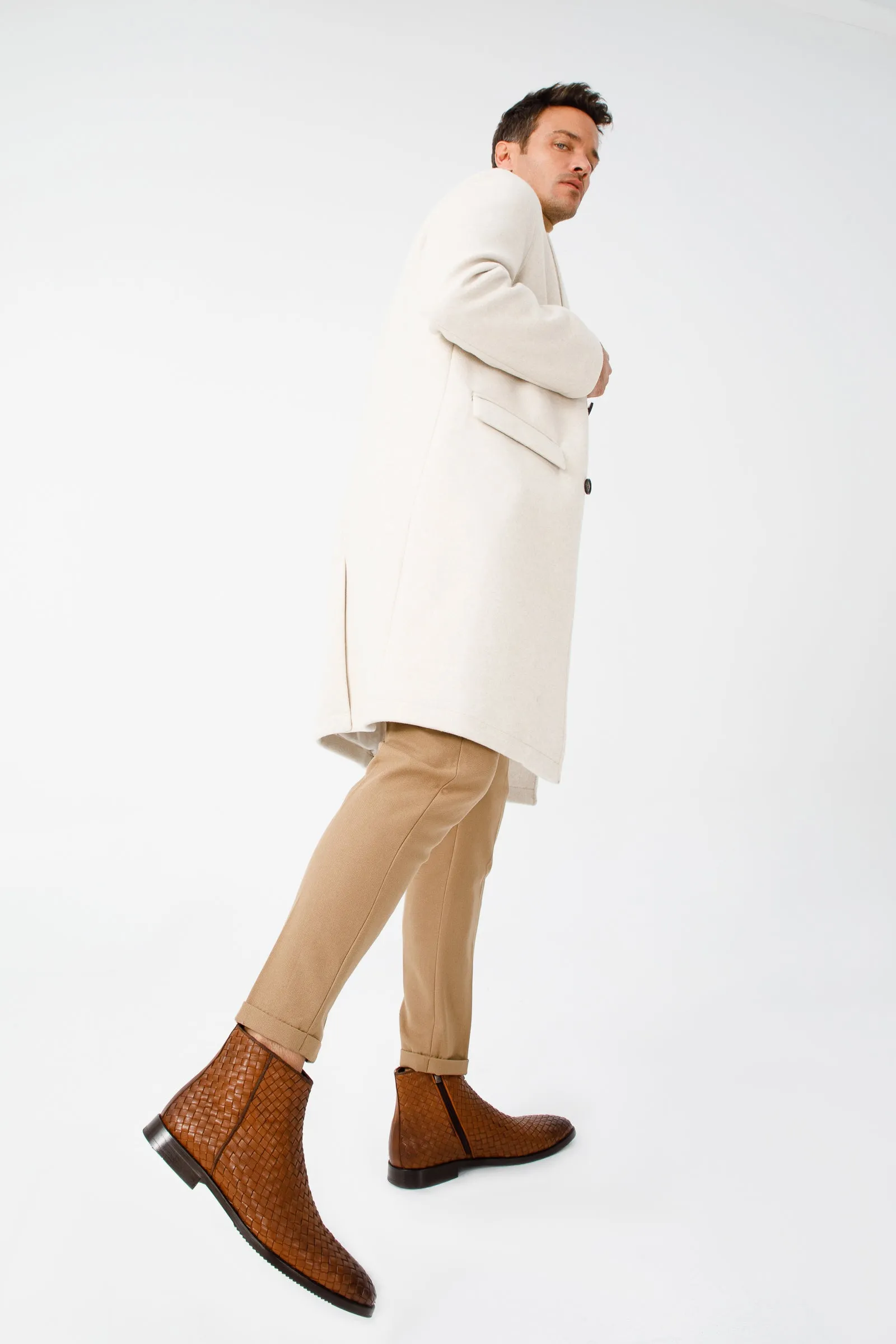 The Wellington Tan Handwoven Leather Men Boot with a Zipper