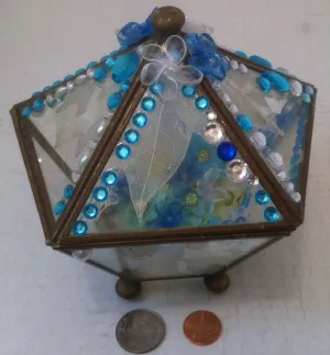 Vintage Brass and Glass Hand Decorated Storage Box, Treasures, Shelf Display, Home Decor, 6 x 5 1/2 inches, Brass and Glass Display Box, Fun