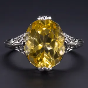 VINTAGE STYLE CITRINE 14K WHITE GOLD RING FILIGREE OVAL YELLOW NATURAL COCKTAIL