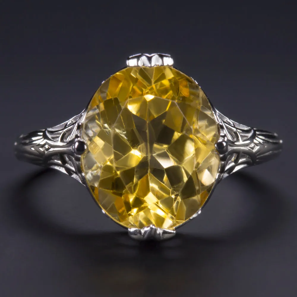 VINTAGE STYLE CITRINE 14K WHITE GOLD RING FILIGREE OVAL YELLOW NATURAL COCKTAIL