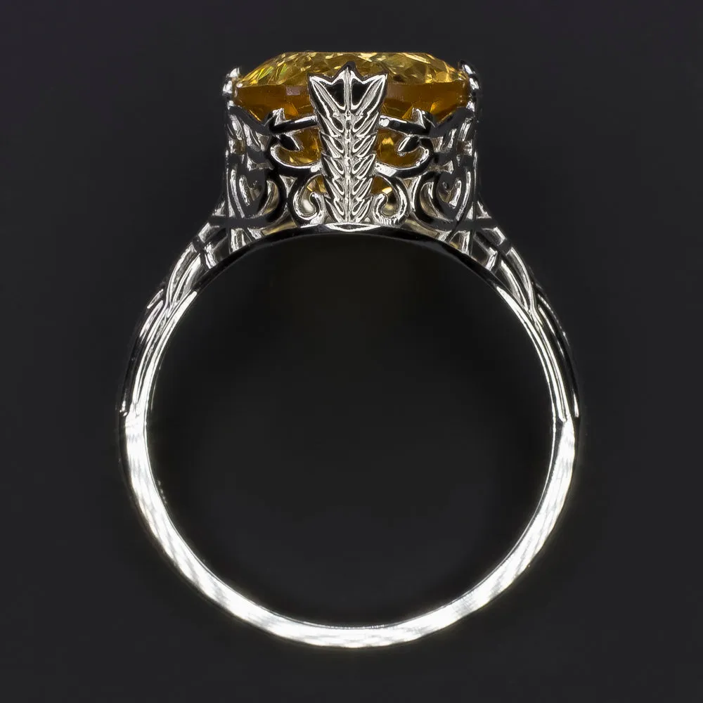 VINTAGE STYLE CITRINE 14K WHITE GOLD RING FILIGREE OVAL YELLOW NATURAL COCKTAIL