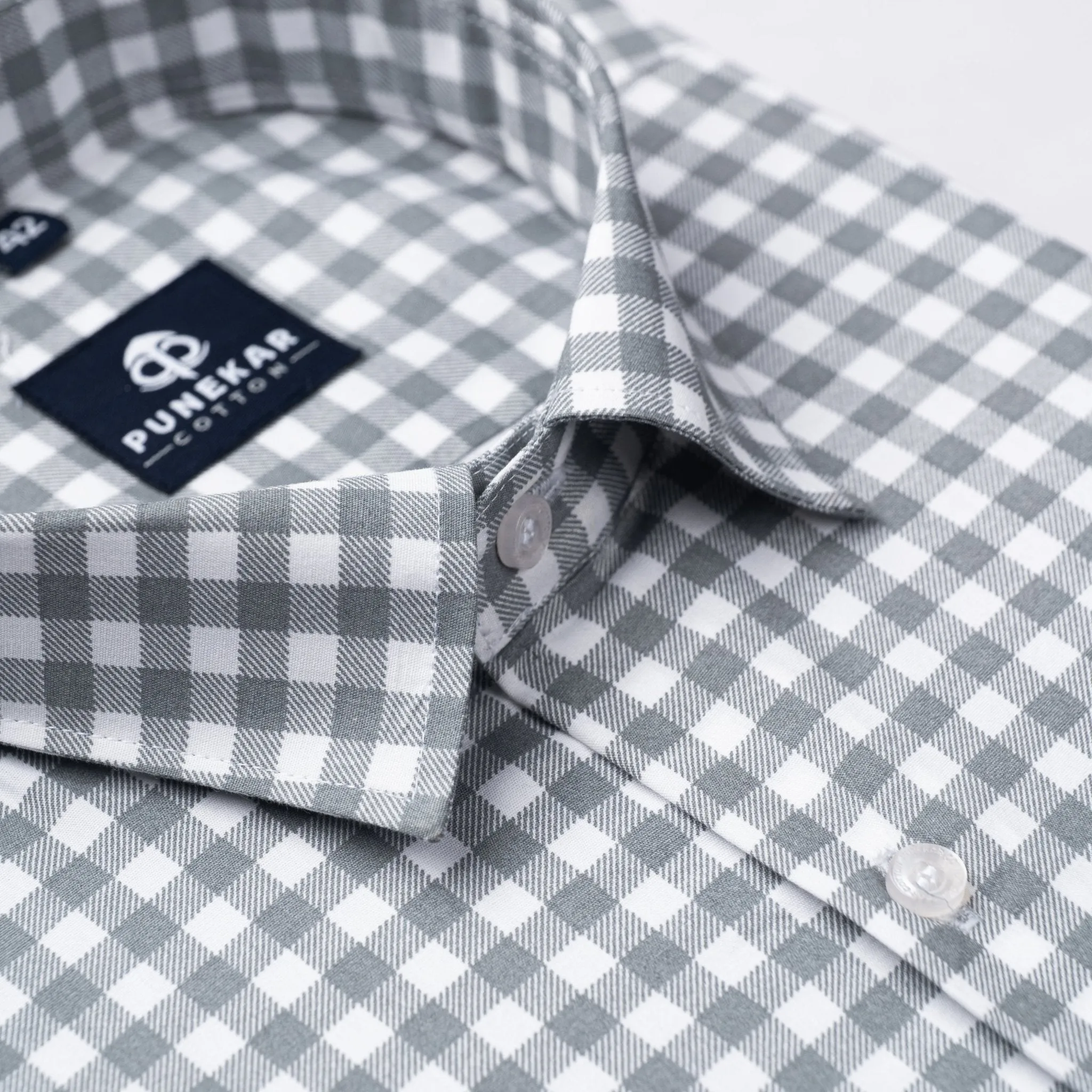 White Grey Color Buffalo Checks Cotton Shirt For Men