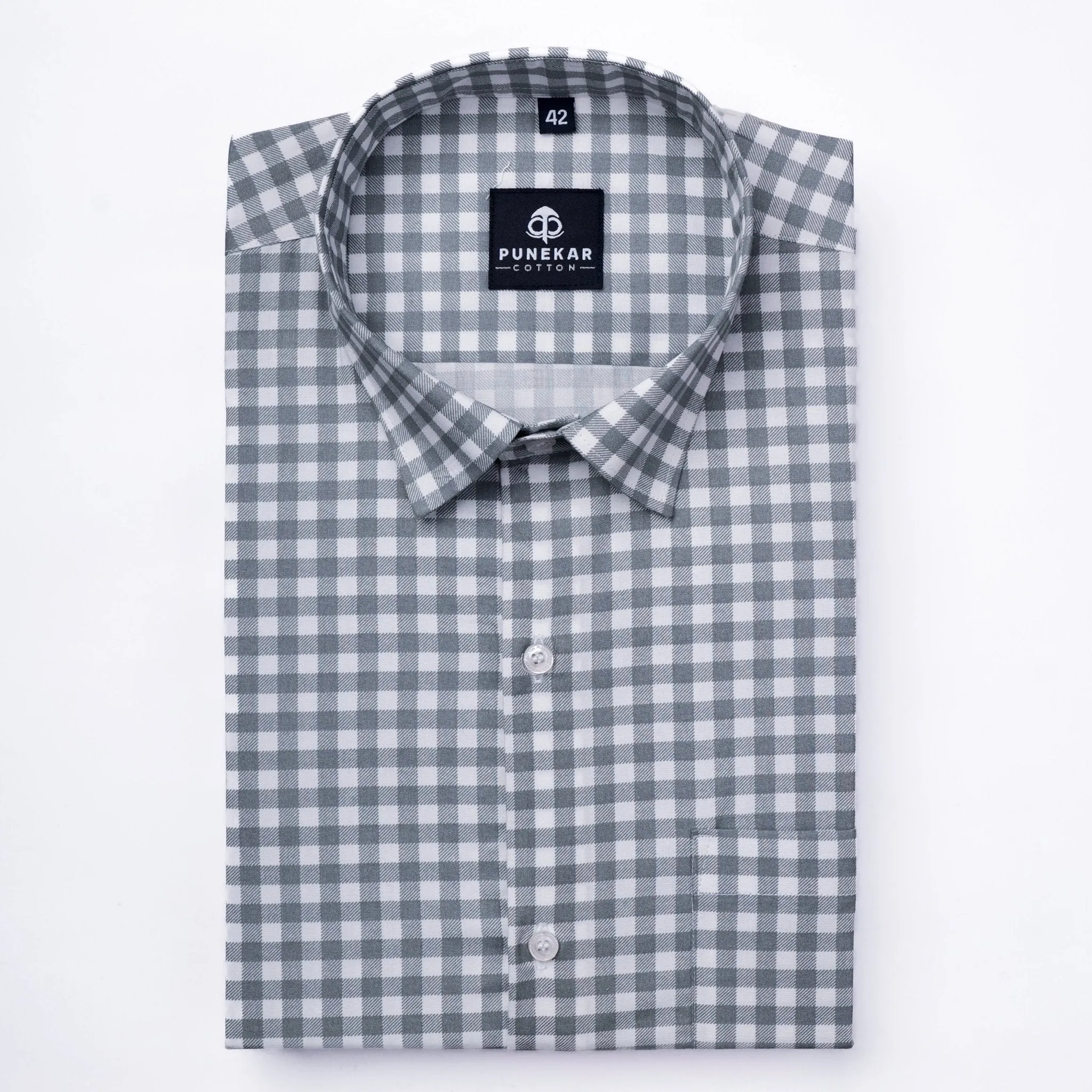 White Grey Color Buffalo Checks Cotton Shirt For Men